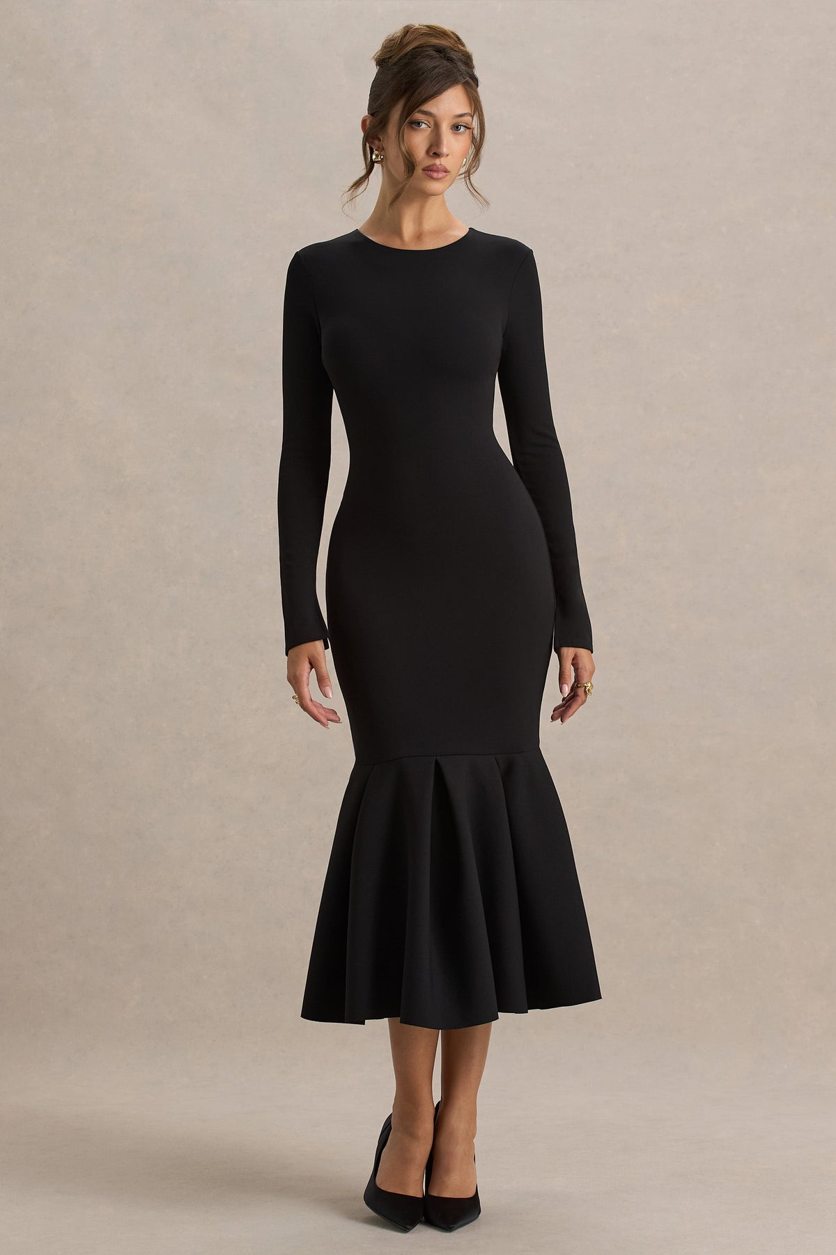 Liberty | Zwarte Hoge Hals Meermin Maxi Jurk Met Ruches detail