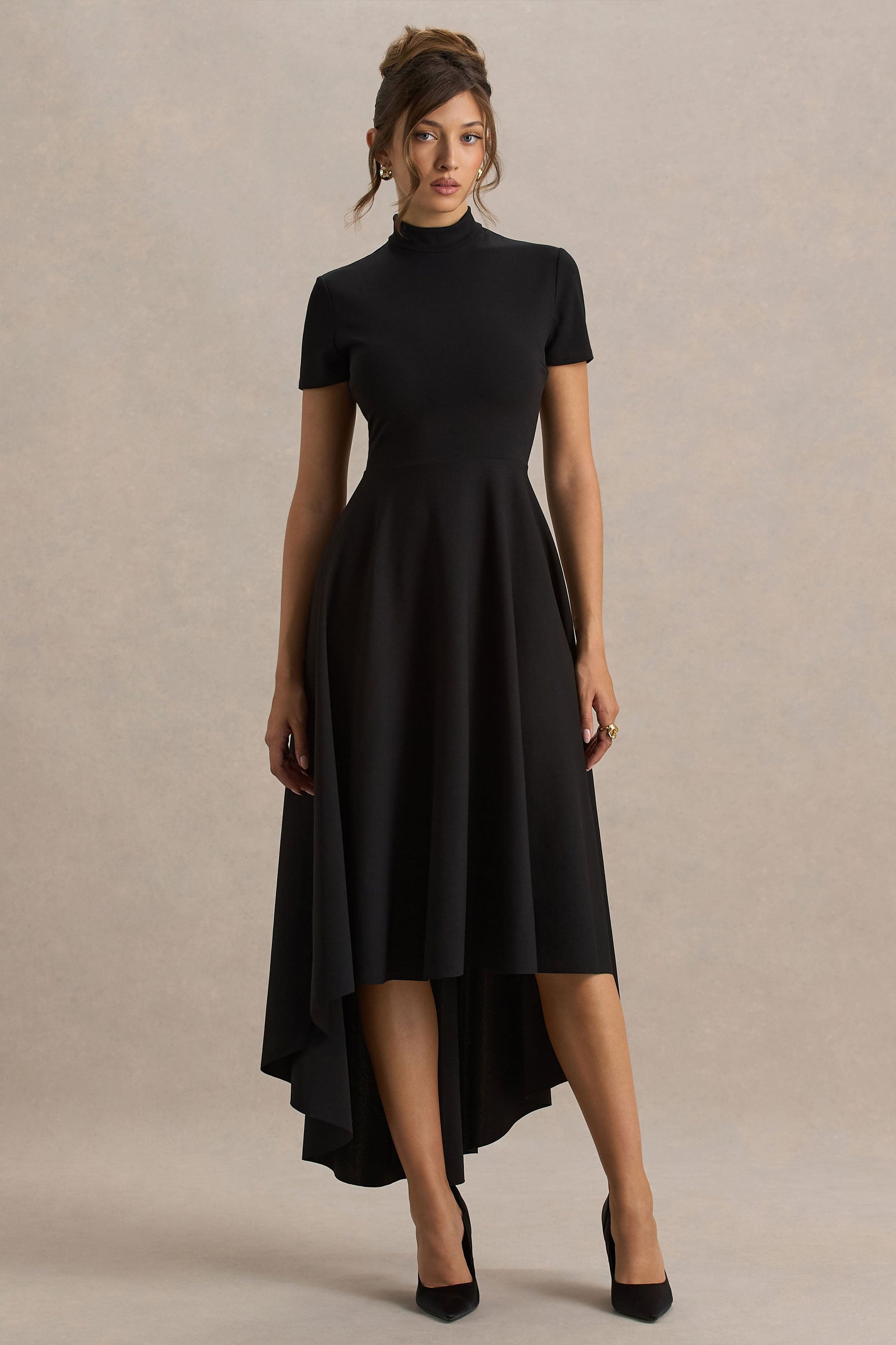 Bellona | Zwart Hoog-Lage Midi Jurk Met Hoge Hals