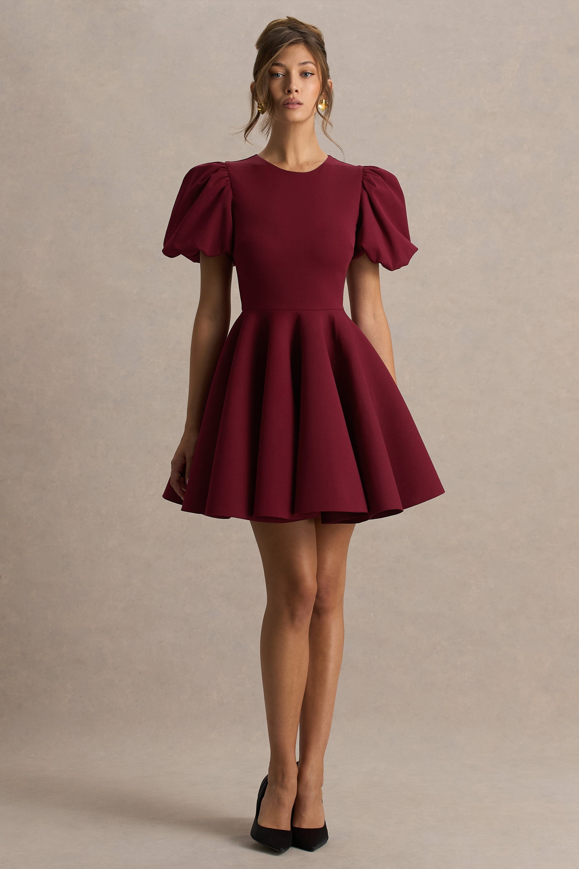 Emelia | Bordeaux Skater Jurk Met Pof-Mouwen