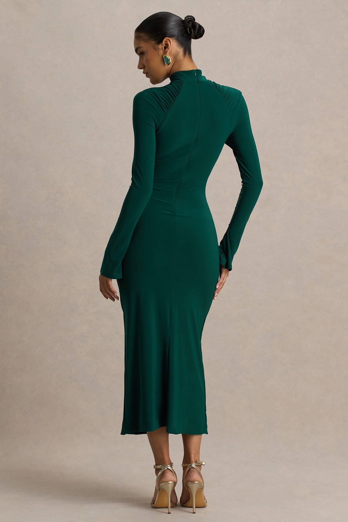 Cassandra | Flessengroene Hoge Hals Midi Jurk Met Lange Mouw