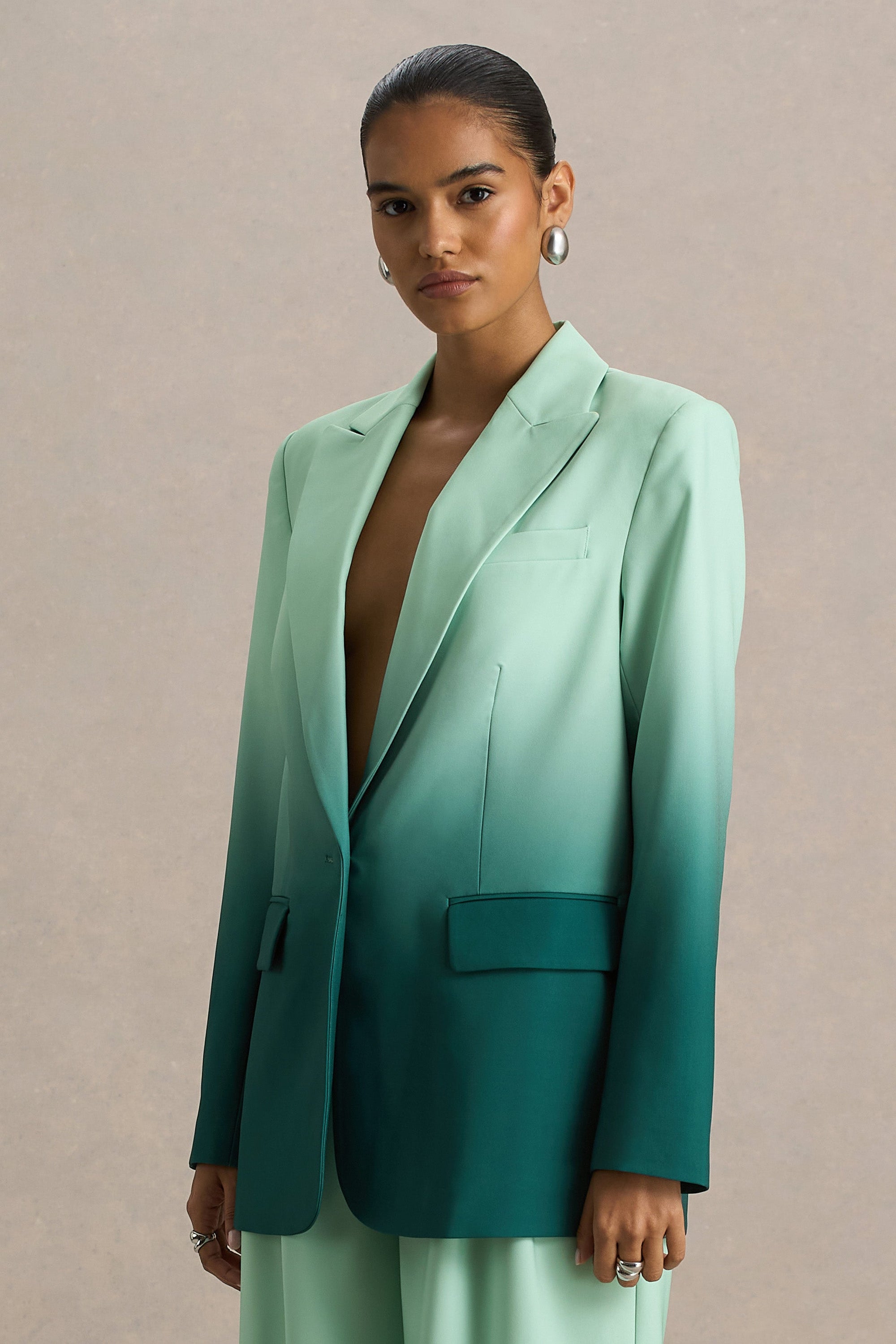 Enya | Smaragdgroene Ombre Diepe V-Hals Satijnen blazer