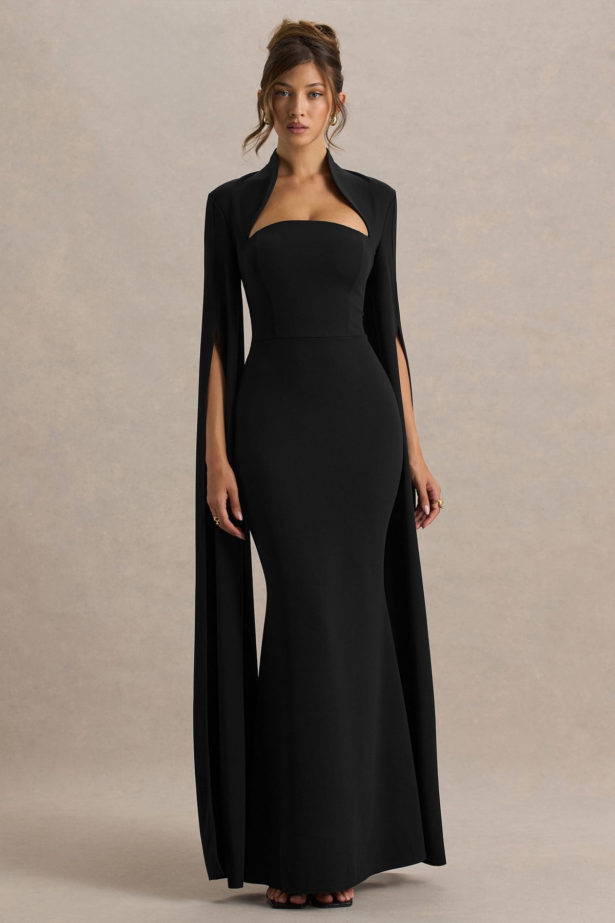 Esme | Zwarte Vierkante Hals Maxi Jurk Met Cape Mouwen