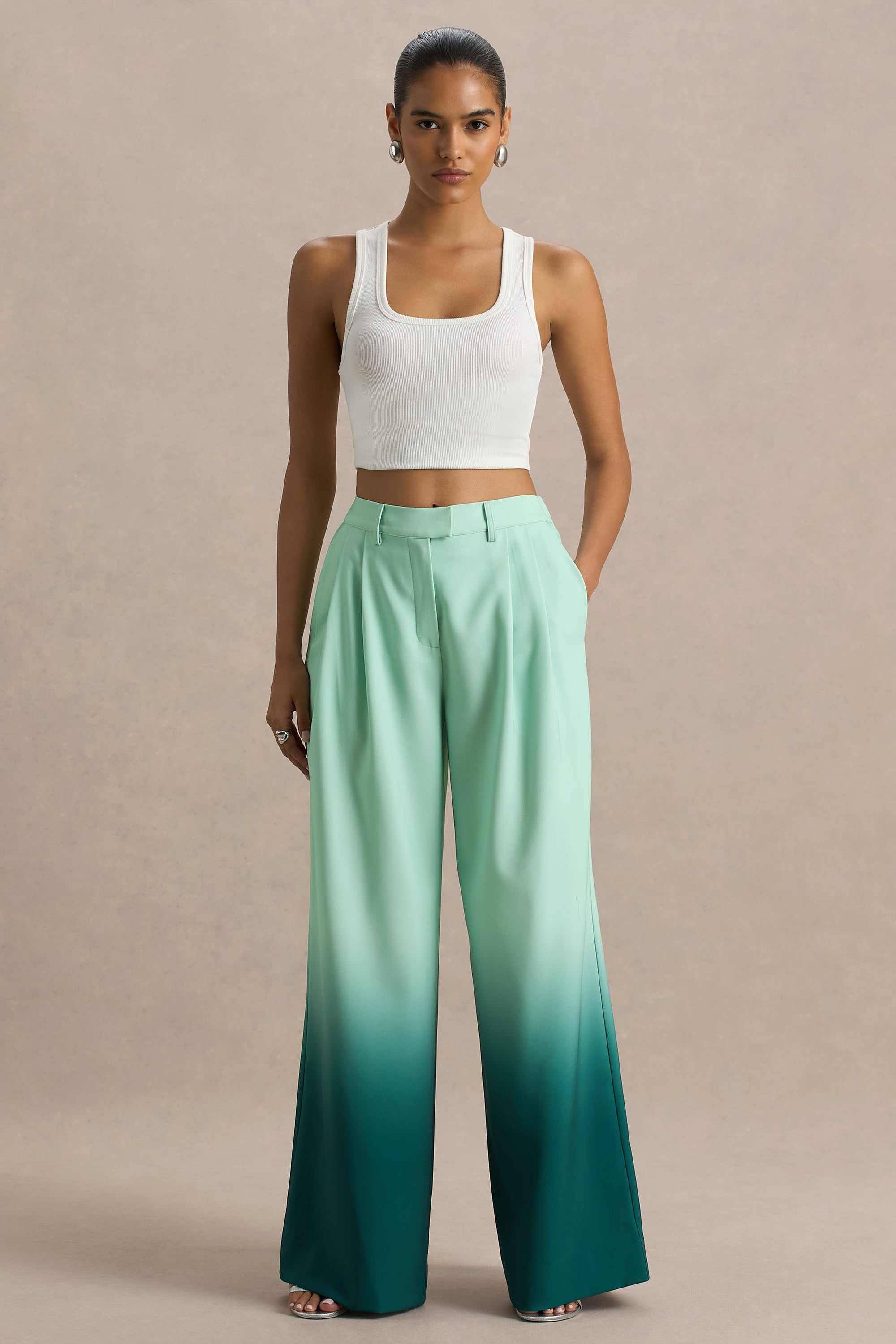 Safia | Smaragdgroene Ombre Satijnen Broek Met wijde Pijpen