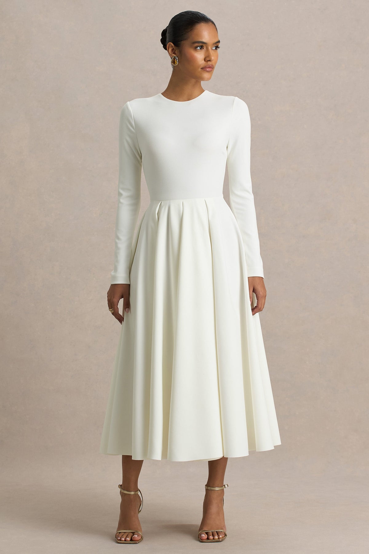 Bellamy | Creme Ronde Hals Midi Jurk Met Lange Mouwen