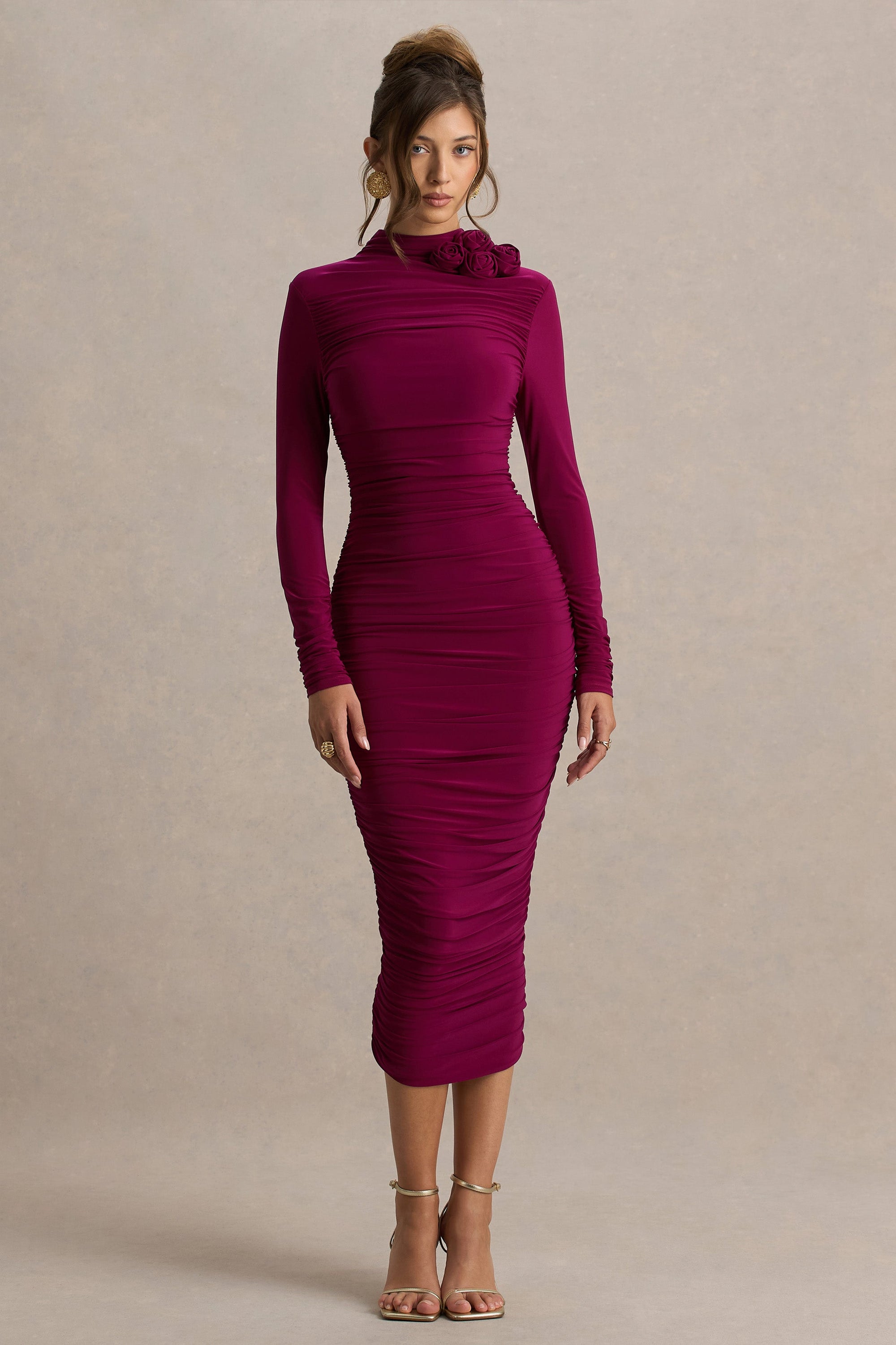 Tamara | Bordeaux Gerimpelde Midi Jurk Met Lang Mouwen