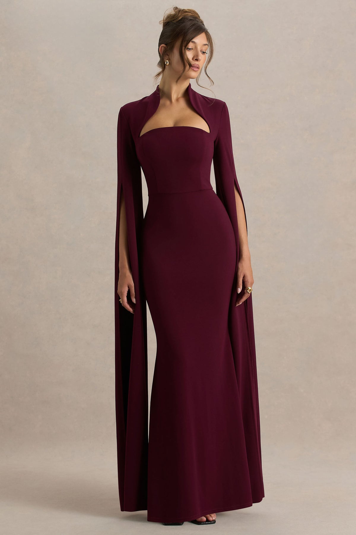 Esme | Bordeaux Vierkante Hals Maxi Jurk Met Cape Mouwen