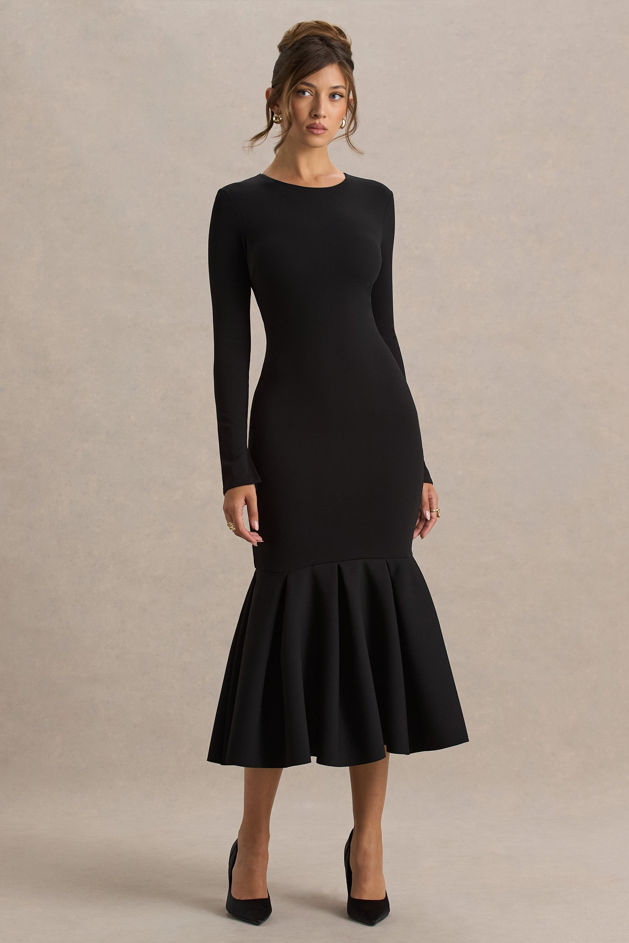 Liberty | Zwarte Hoge Hals Meermin Maxi Jurk Met Ruches detail