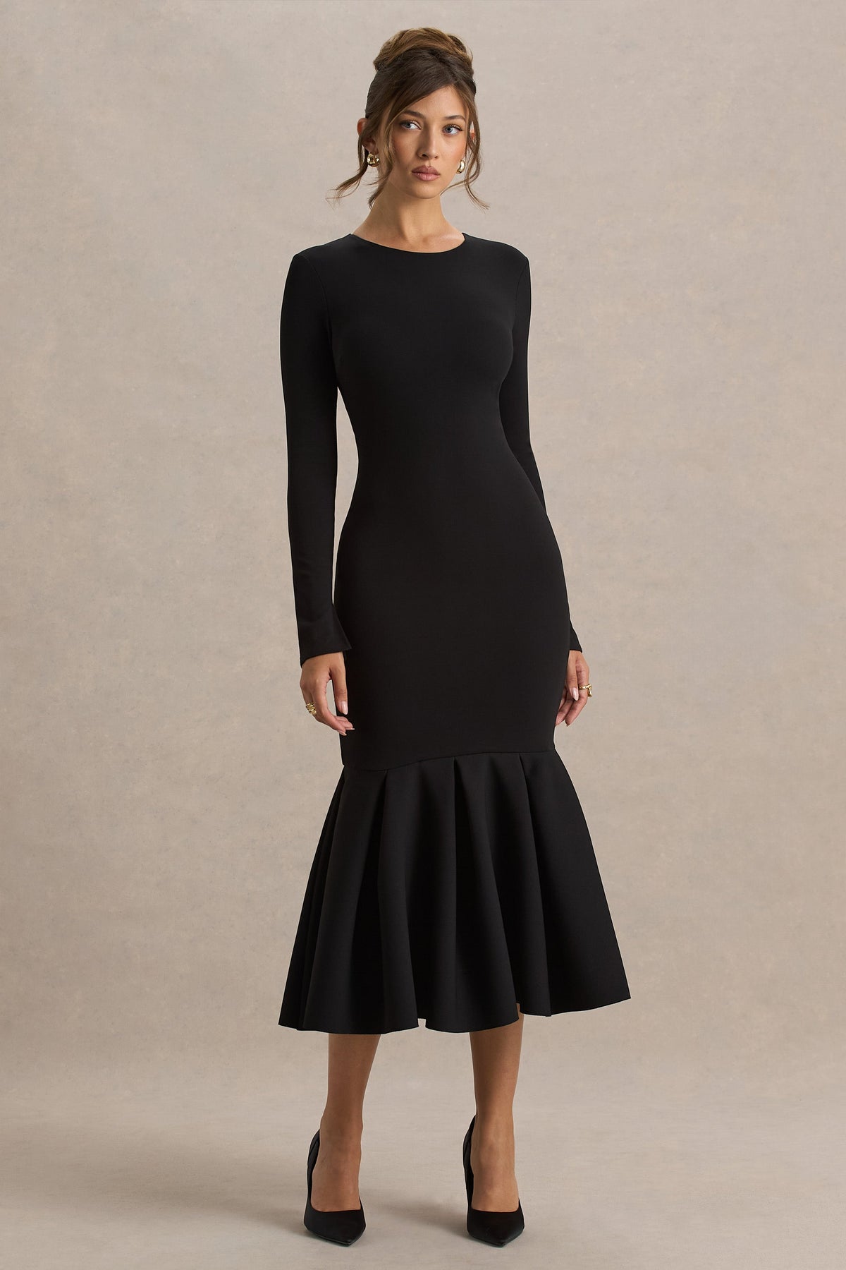 Liberty | Zwarte Hoge Hals Meermin Maxi Jurk Met Ruches detail