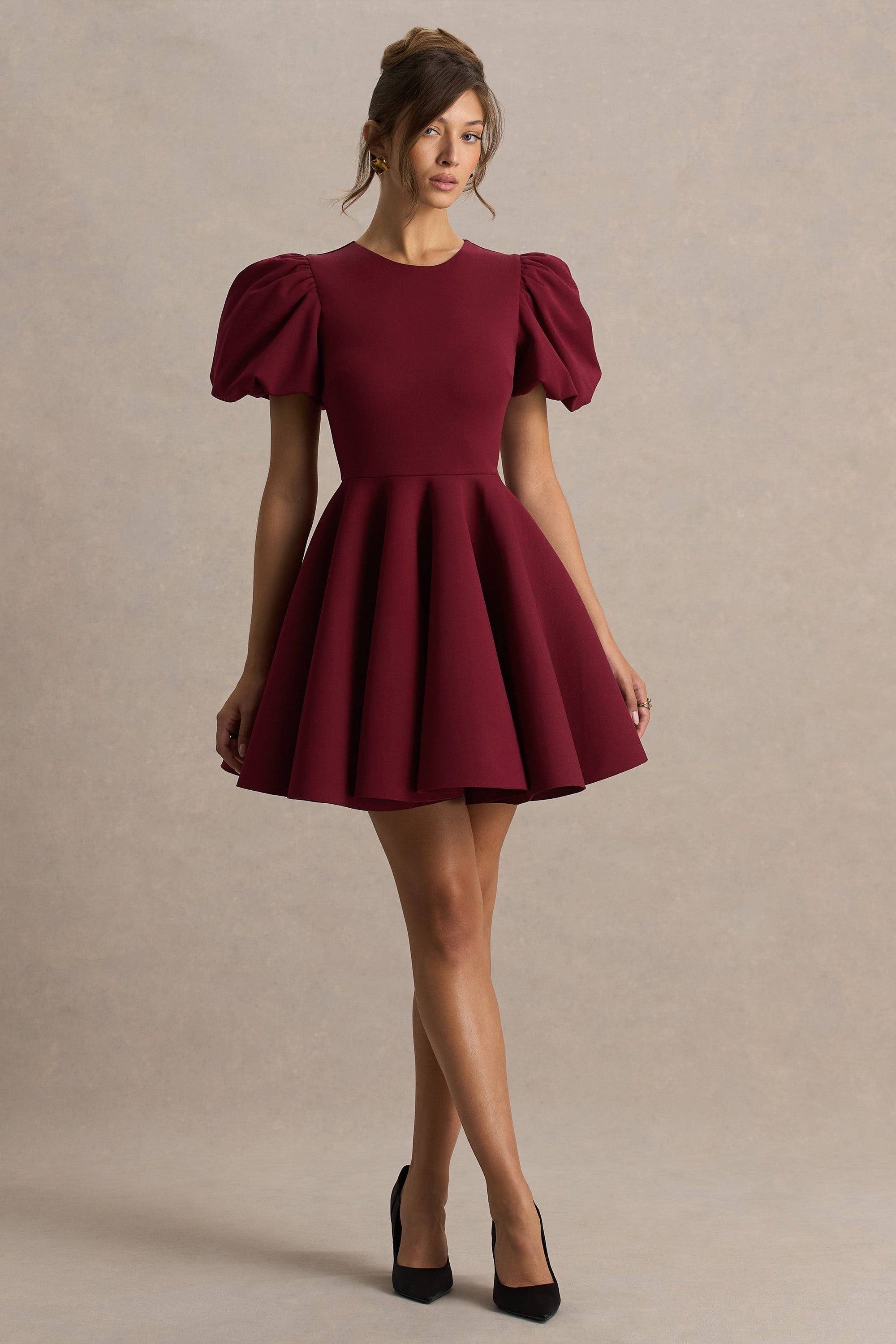 Emelia | Bordeaux Skater Jurk Met Pof-Mouwen