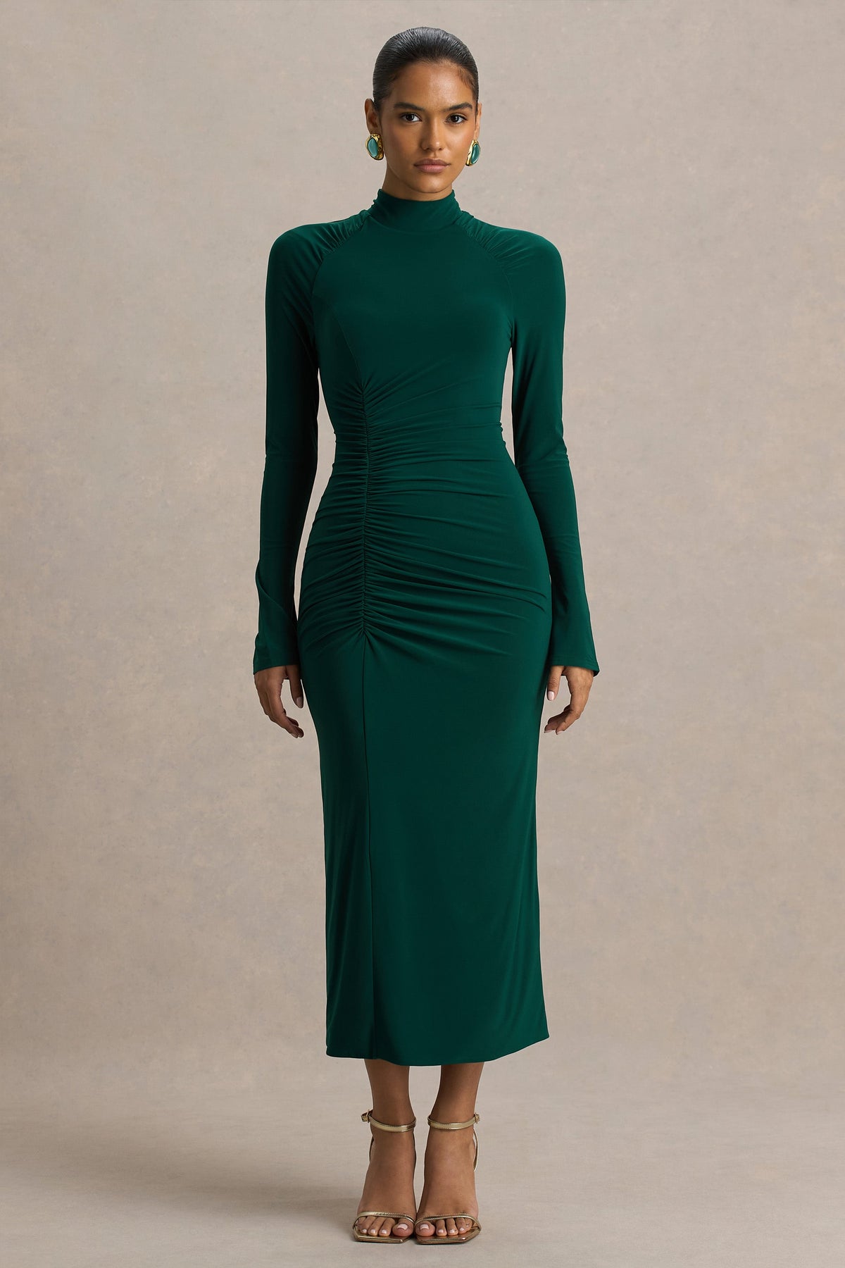 Cassandra | Flessengroene Hoge Hals Midi Jurk Met Lange Mouw