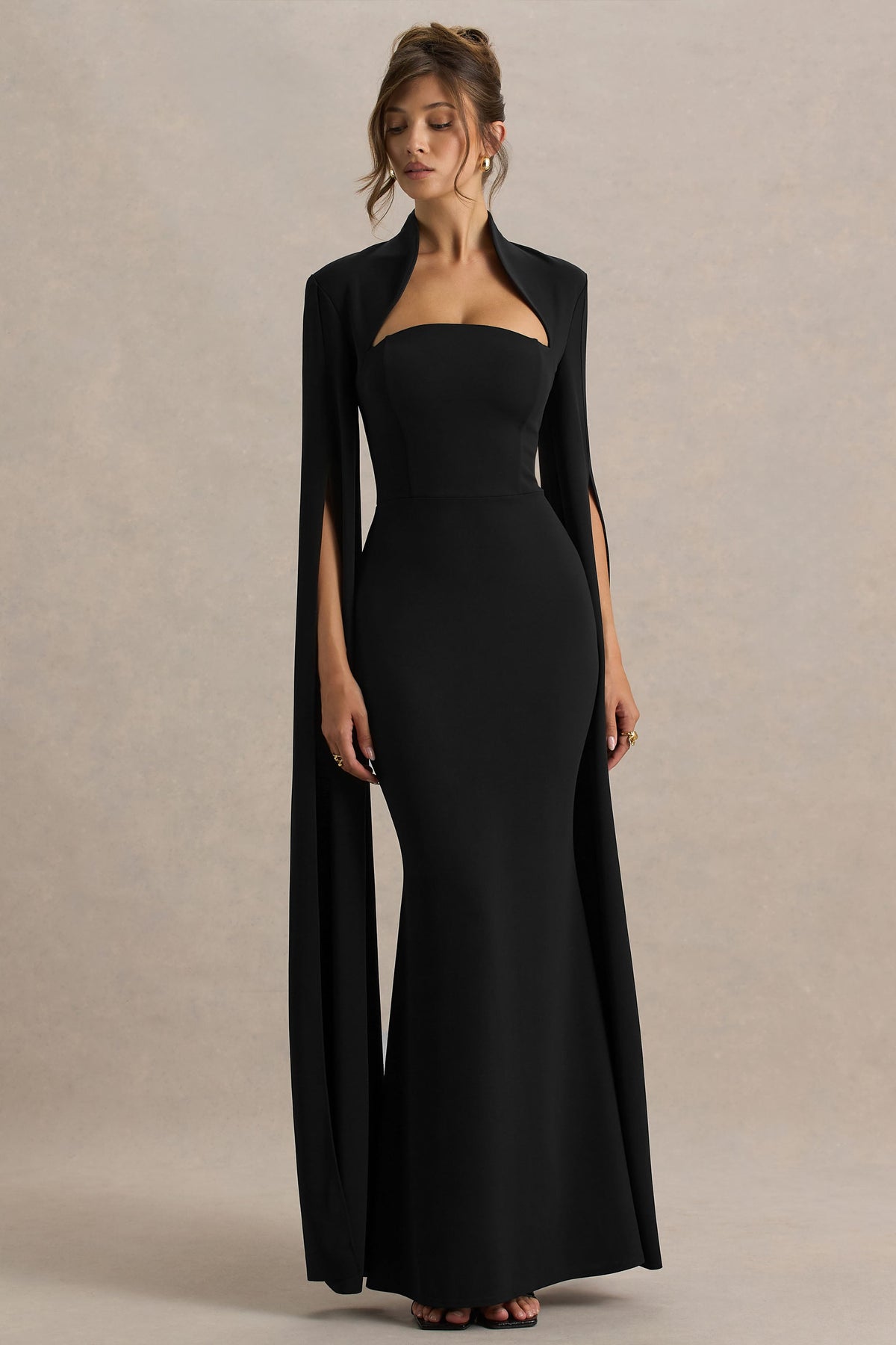 Esme | Zwarte Vierkante Hals Maxi Jurk Met Cape Mouwen