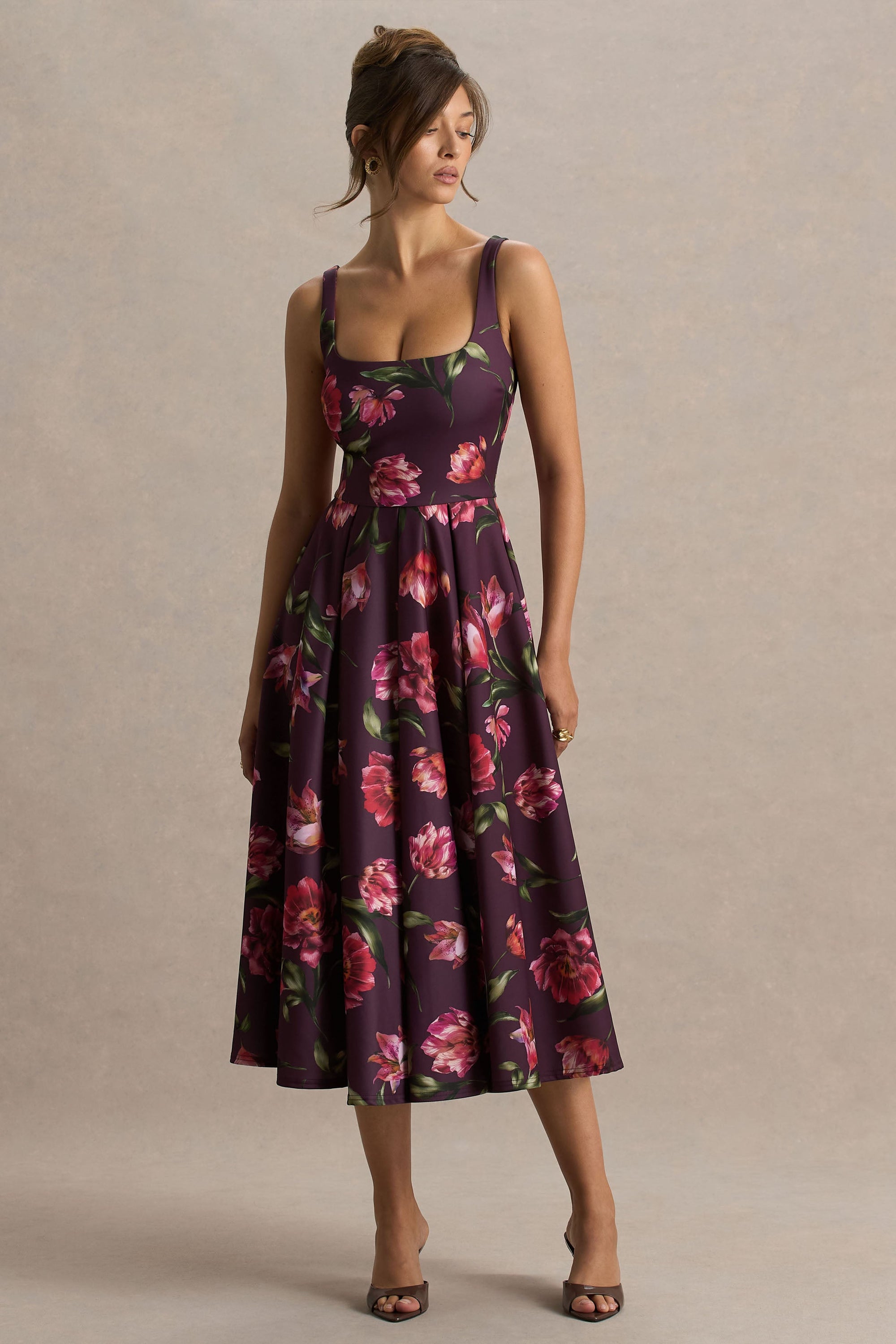 Berta | Bordeaux Bloemenprint Vierkante Hals Middi Jurk