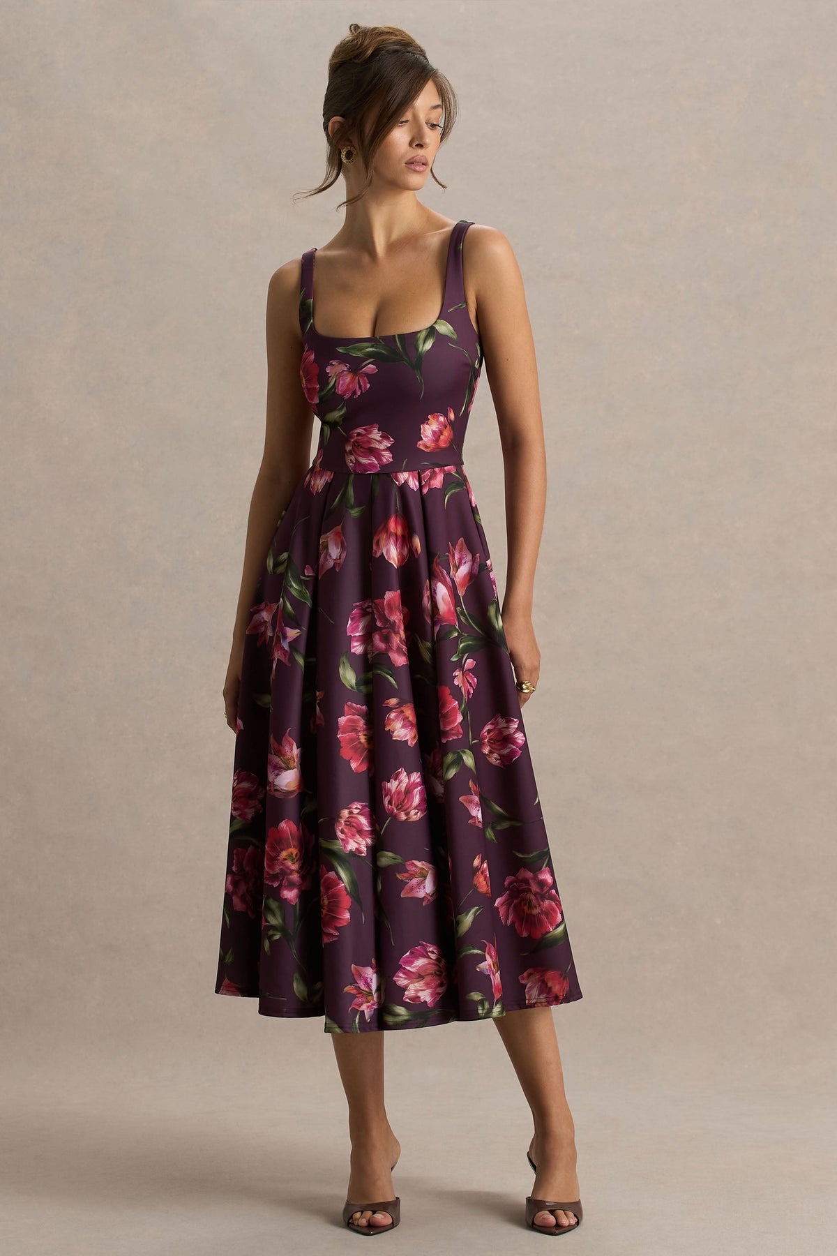 Berta | Bordeaux Bloemenprint Vierkante Hals Middi Jurk