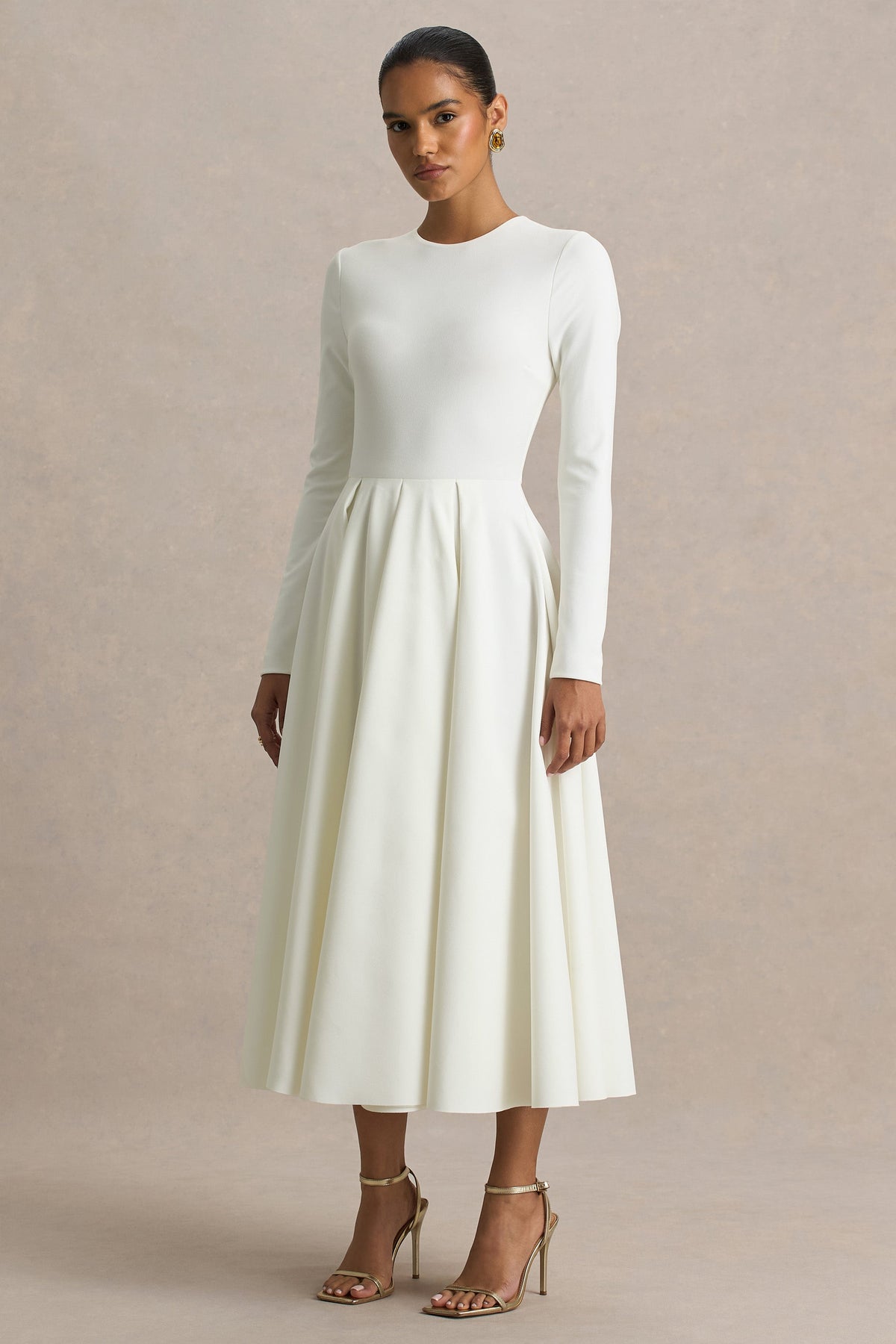 Bellamy | Creme Ronde Hals Midi Jurk Met Lange Mouwen