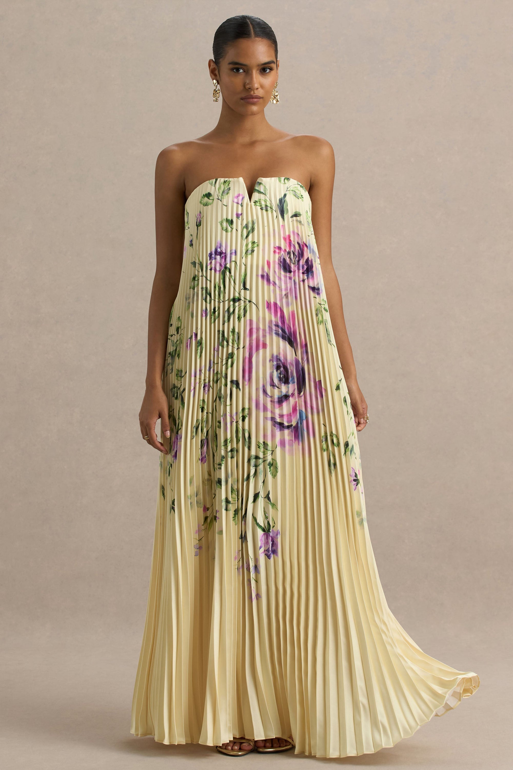 Bergamot | Citroengele Rooz Print Satijnen Maxi Jurk Met Sweetheart Halslijn