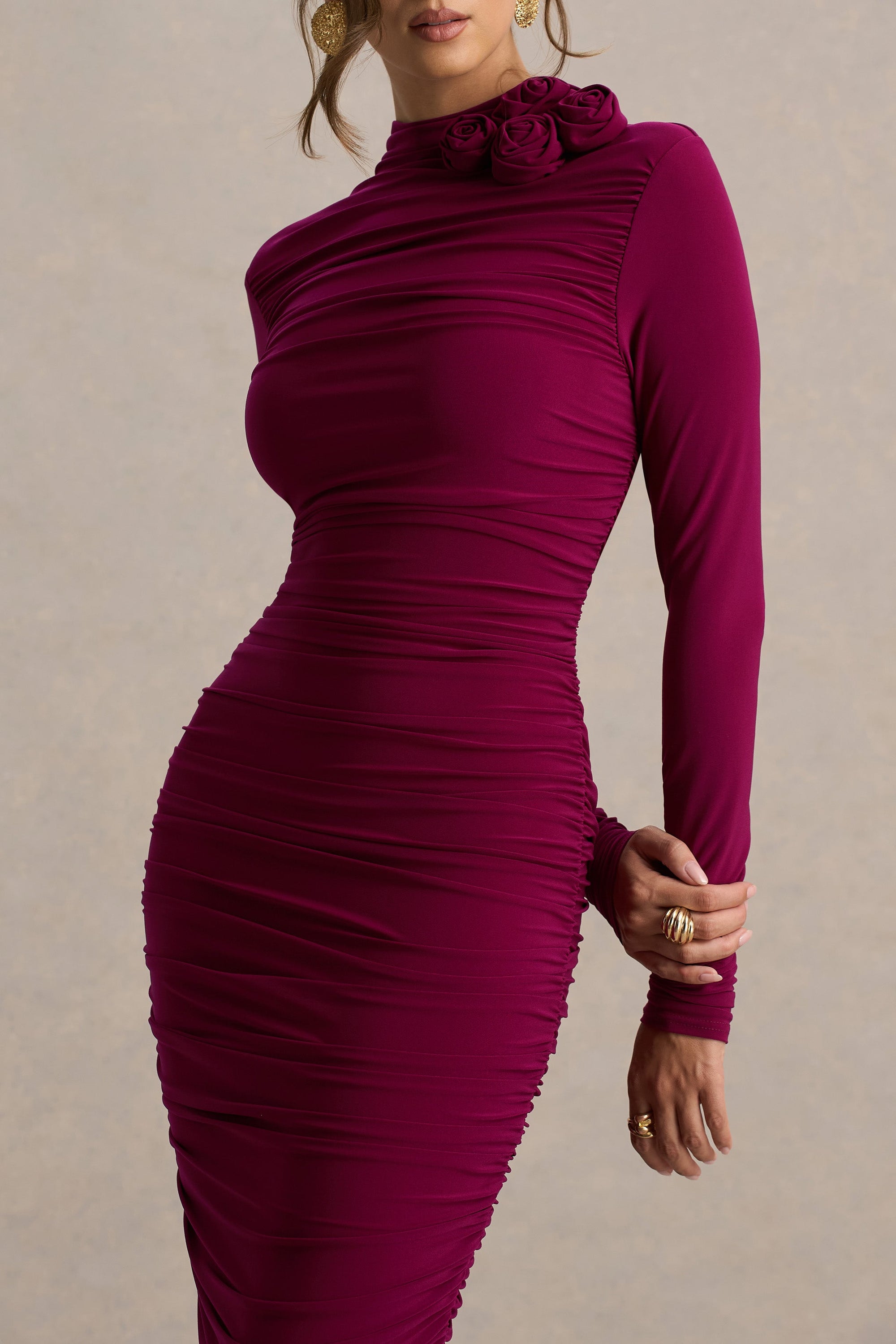 Tamara | Bordeaux Gerimpelde Midi Jurk Met Lang Mouwen