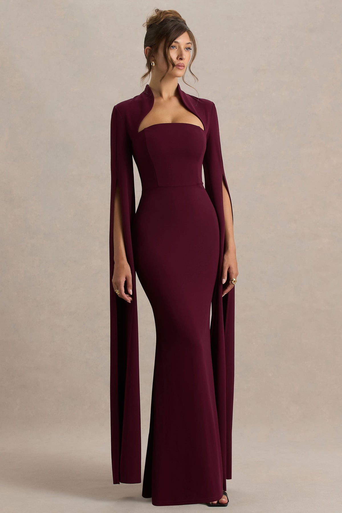 Esme | Bordeaux Vierkante Hals Maxi Jurk Met Cape Mouwen