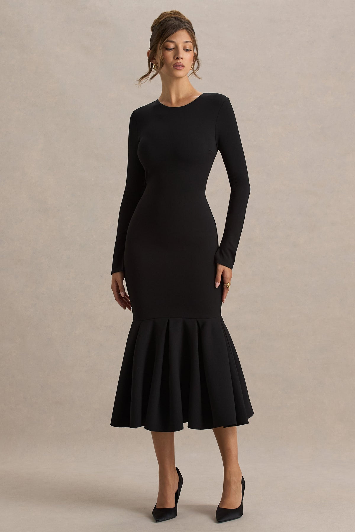 Liberty | Zwarte Hoge Hals Meermin Maxi Jurk Met Ruches detail