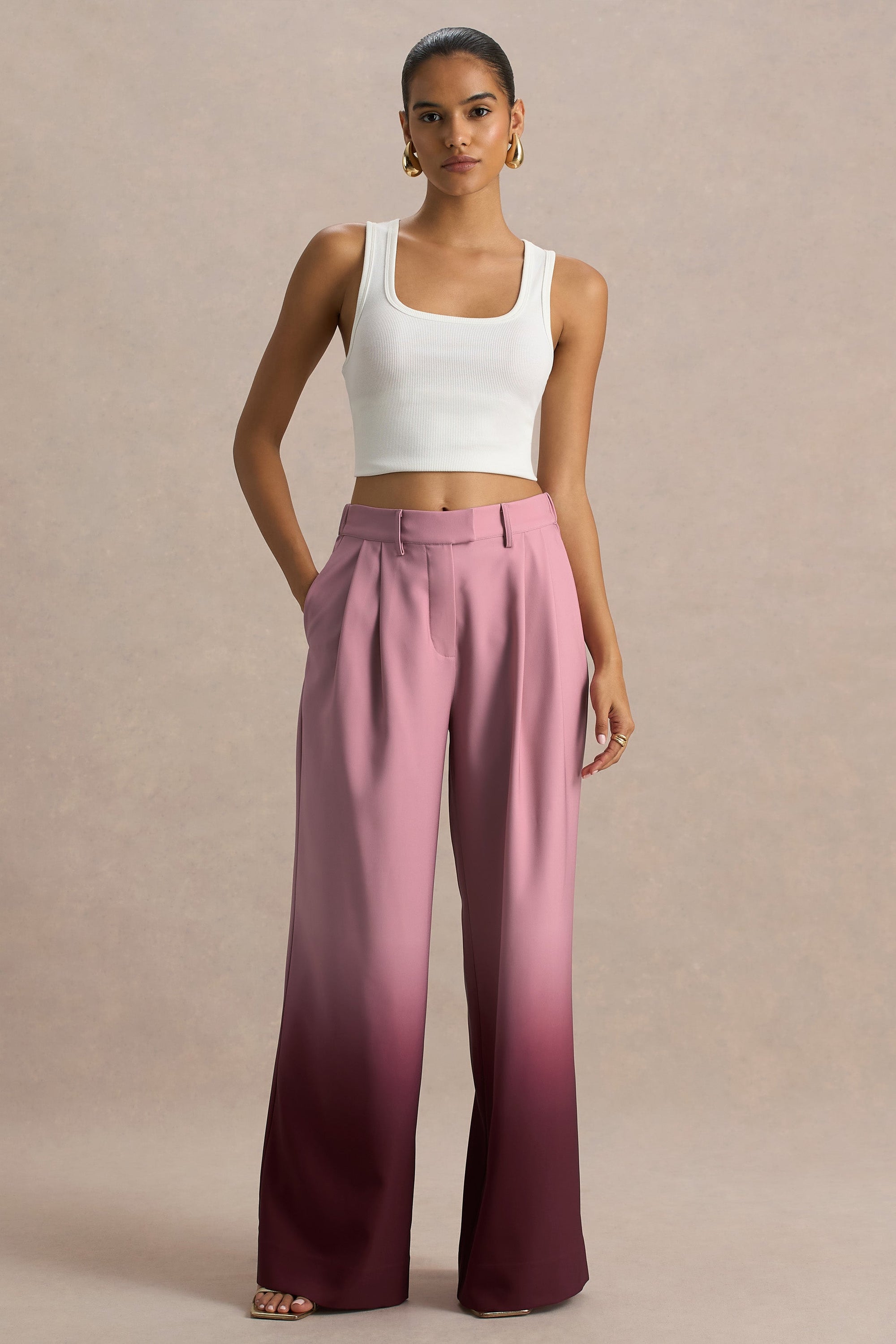 Safia | Kersenrode Ombre Satijnen Broek Met wijde Pijpen