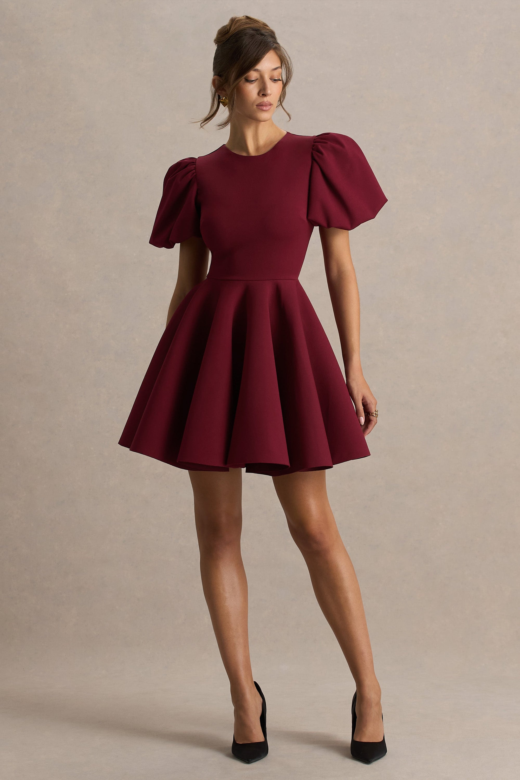 Emelia | Bordeaux Skater Jurk Met Pof-Mouwen