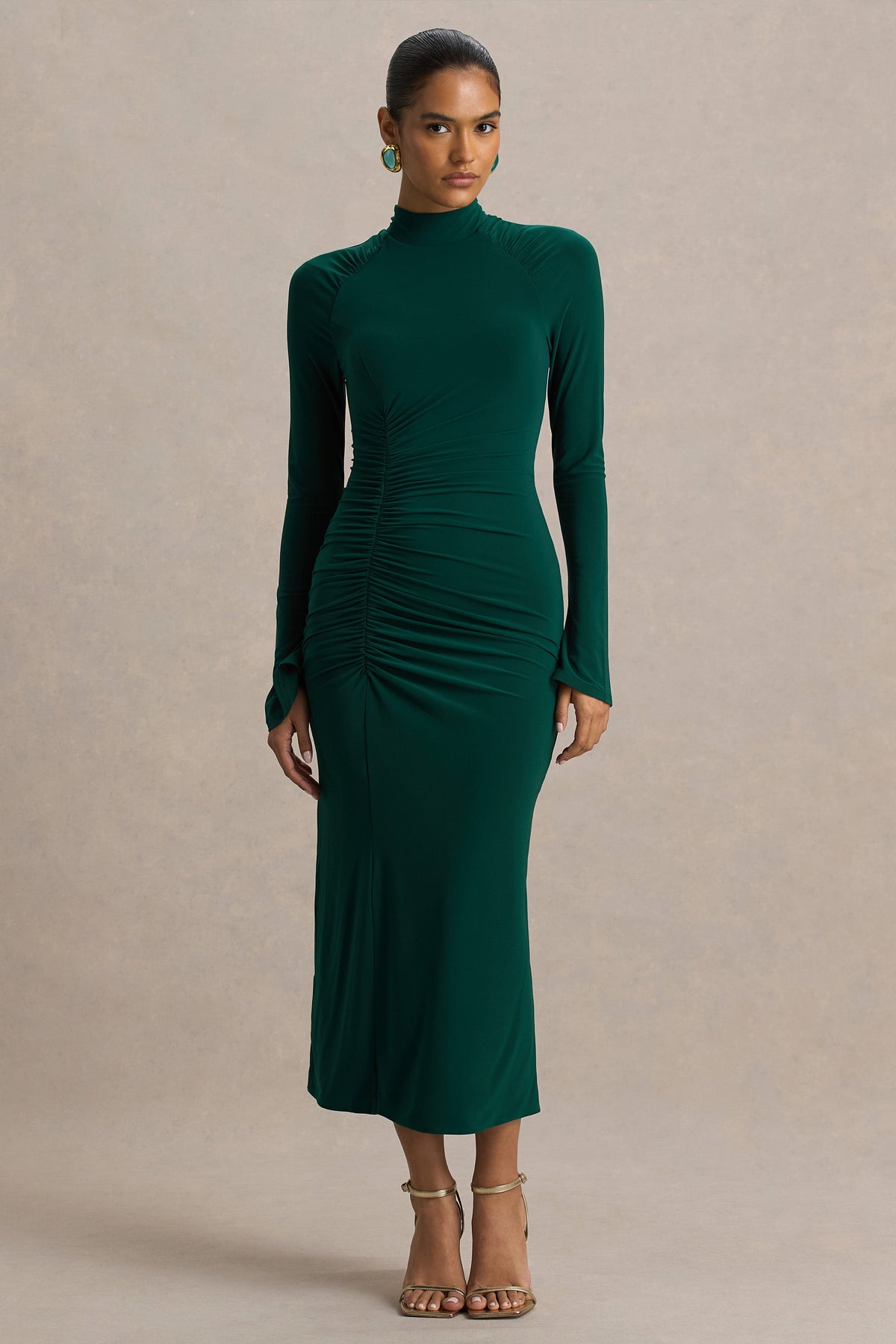 Cassandra | Flessengroene Hoge Hals Midi Jurk Met Lange Mouw