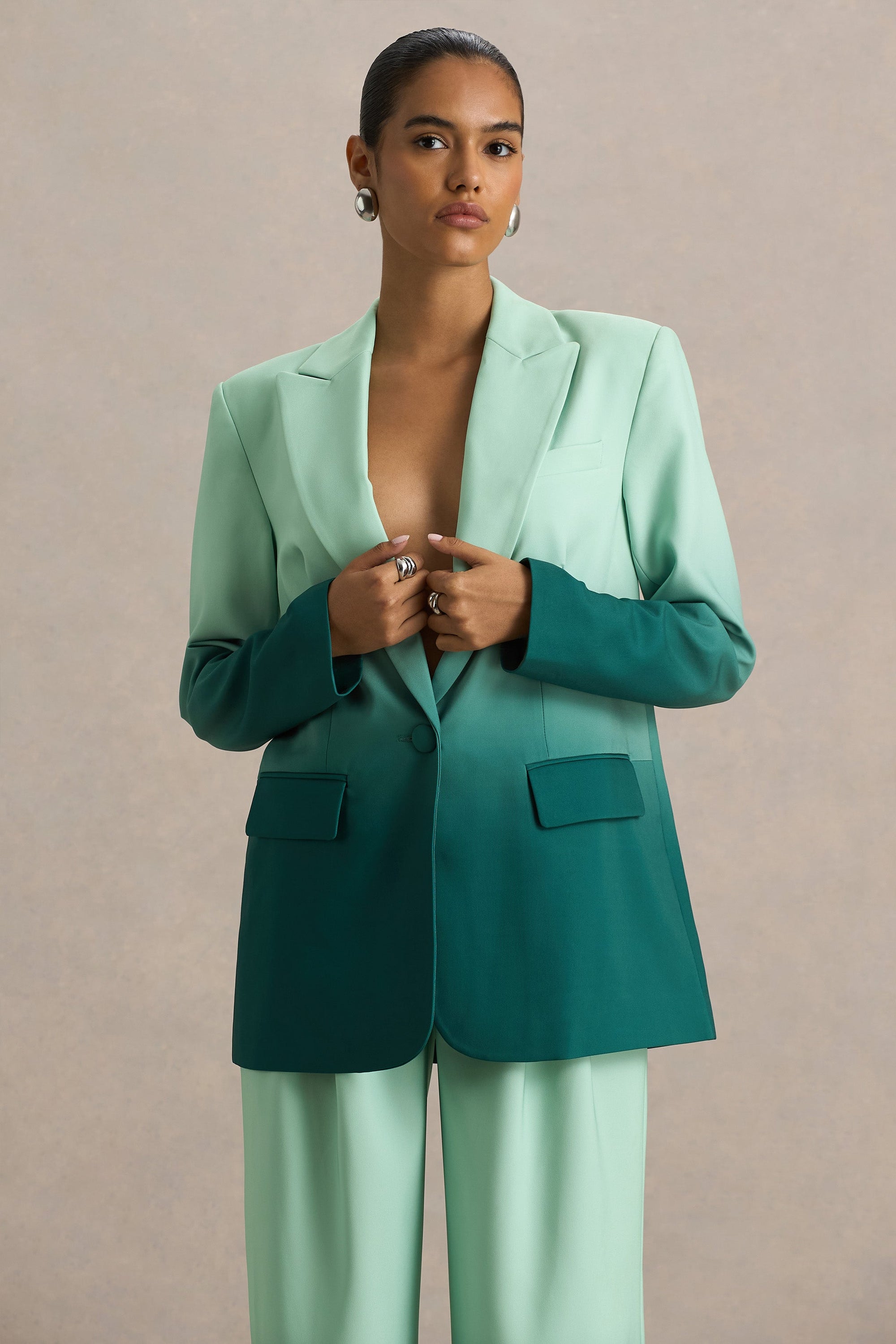 Enya | Smaragdgroene Ombre Diepe V-Hals Satijnen blazer