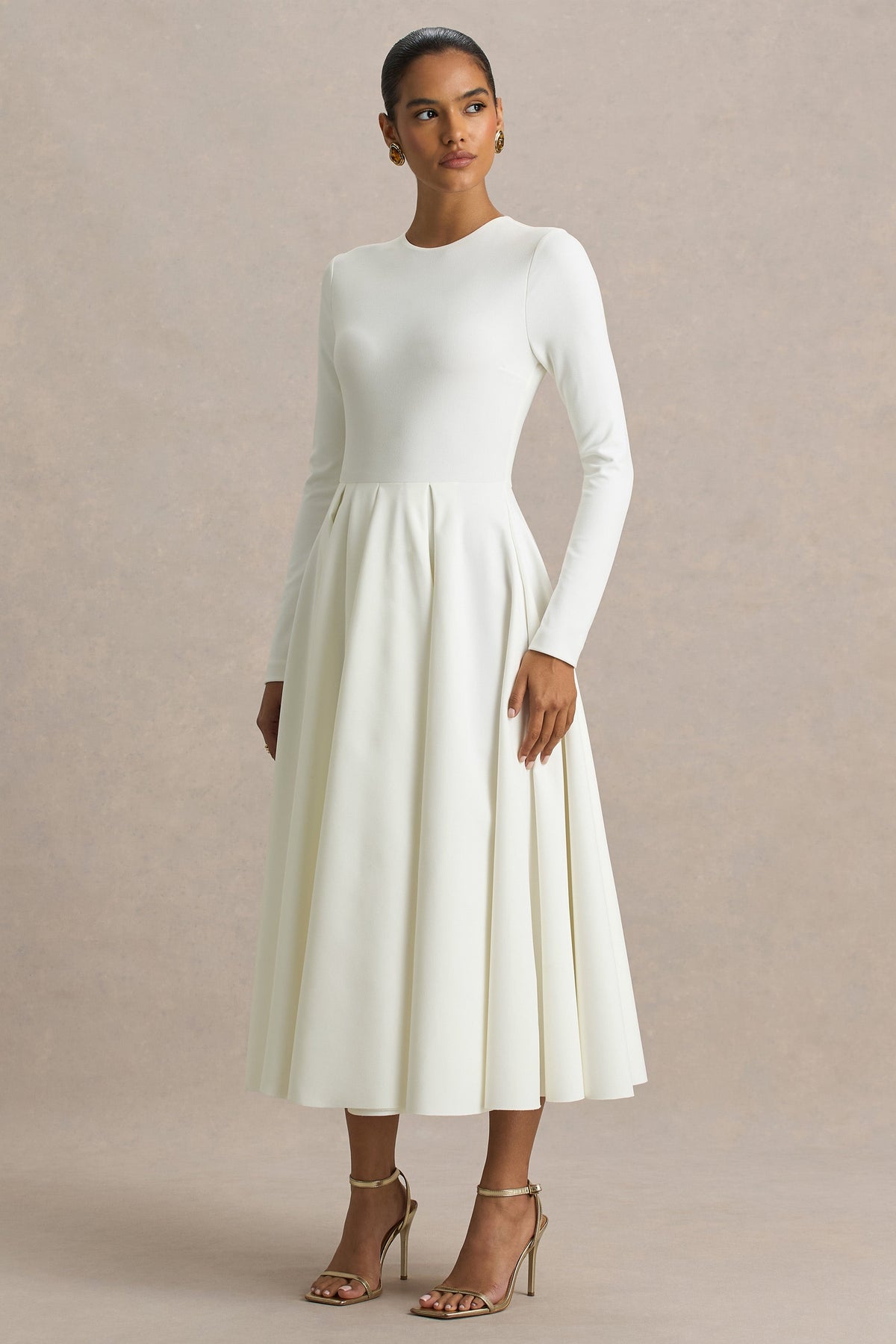 Bellamy | Creme Ronde Hals Midi Jurk Met Lange Mouwen