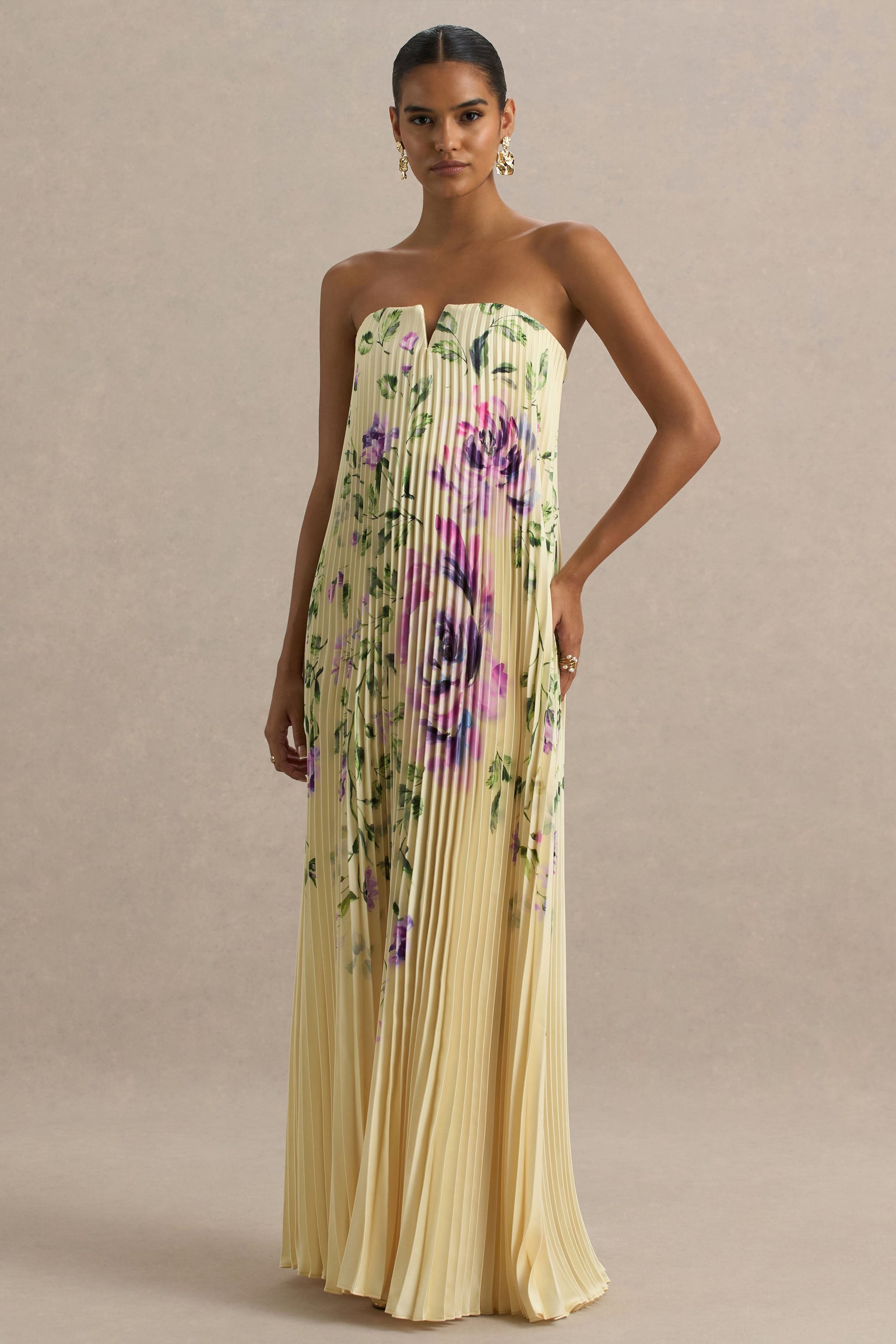 Bergamot | Citroengele Rooz Print Satijnen Maxi Jurk Met Sweetheart Halslijn