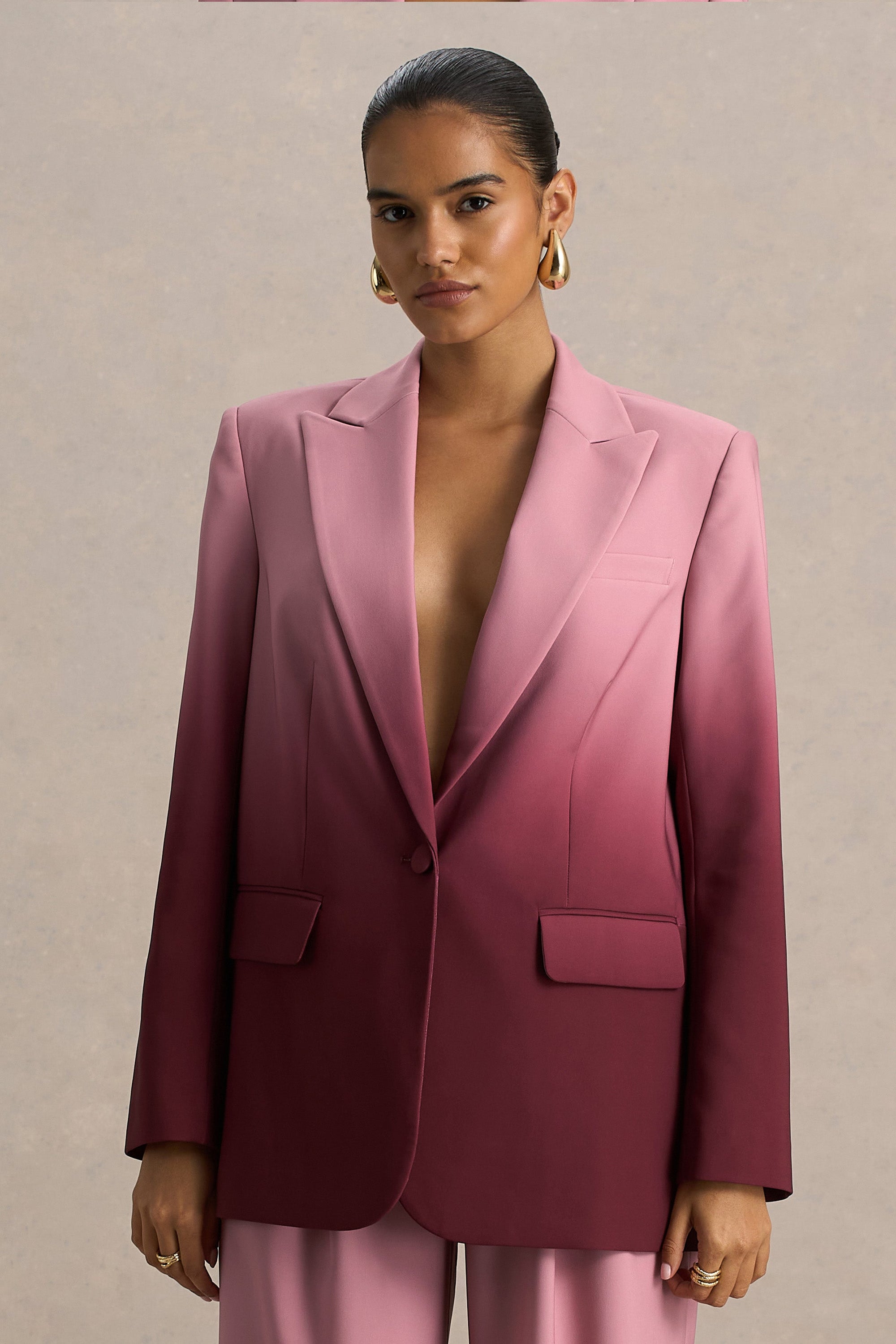 Enya | Kersenrode Ombre Diepe V-Hals Satijnen blazer