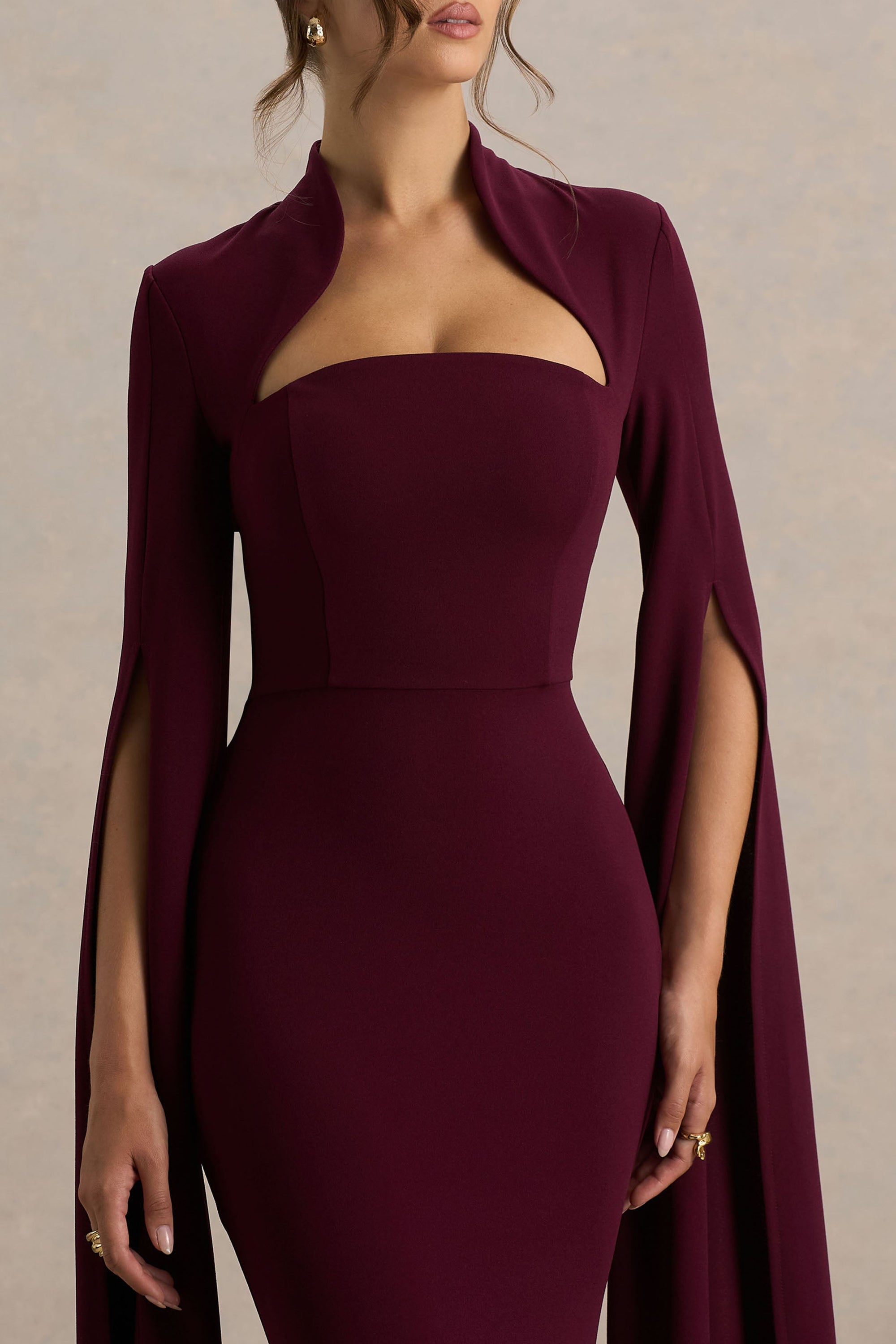 Esme | Bordeaux Vierkante Hals Maxi Jurk Met Cape Mouwen