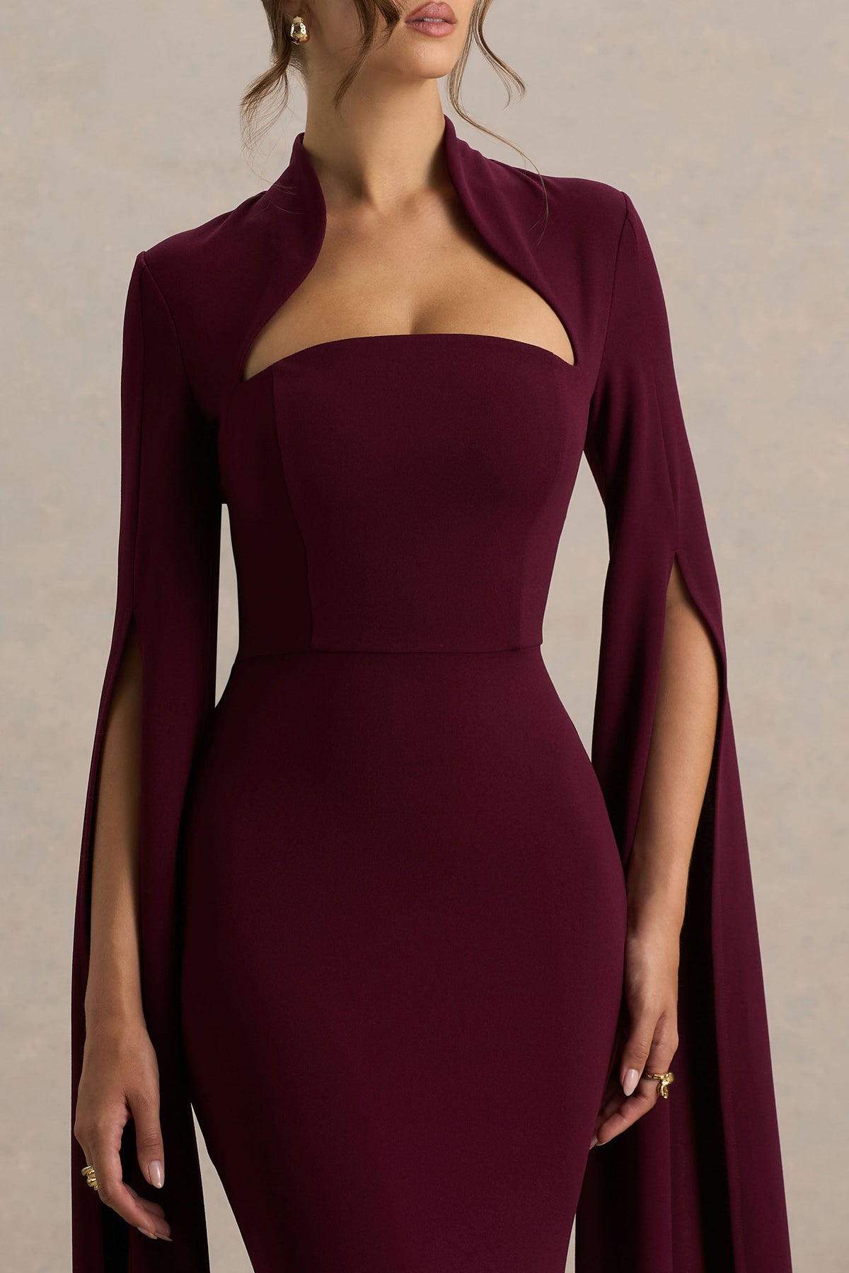 Esme | Bordeaux Vierkante Hals Maxi Jurk Met Cape Mouwen