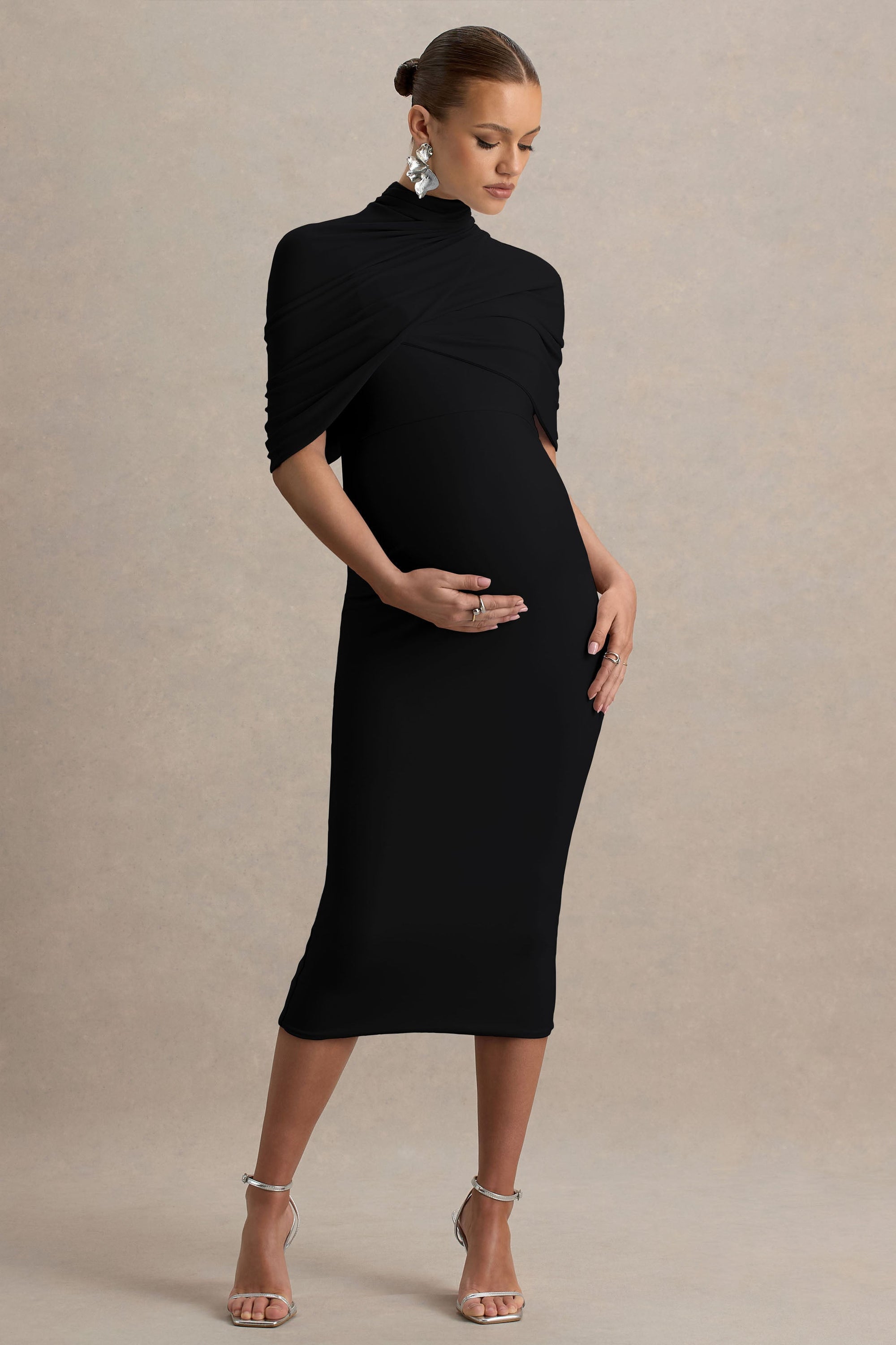 Augustina | Zwarte Zwangerschaps Midi Jurk Met Cape