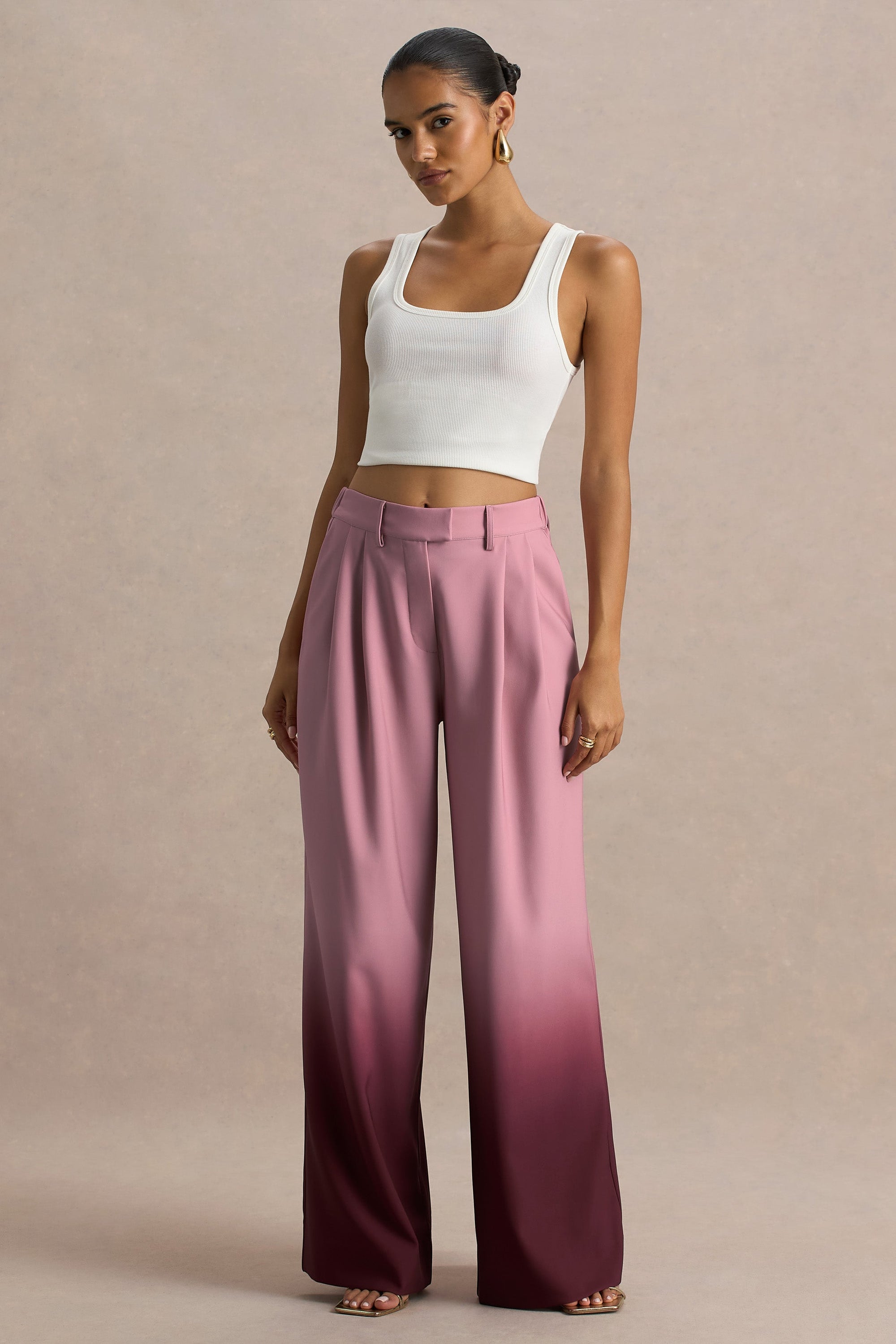 Safia | Kersenrode Ombre Satijnen Broek Met wijde Pijpen