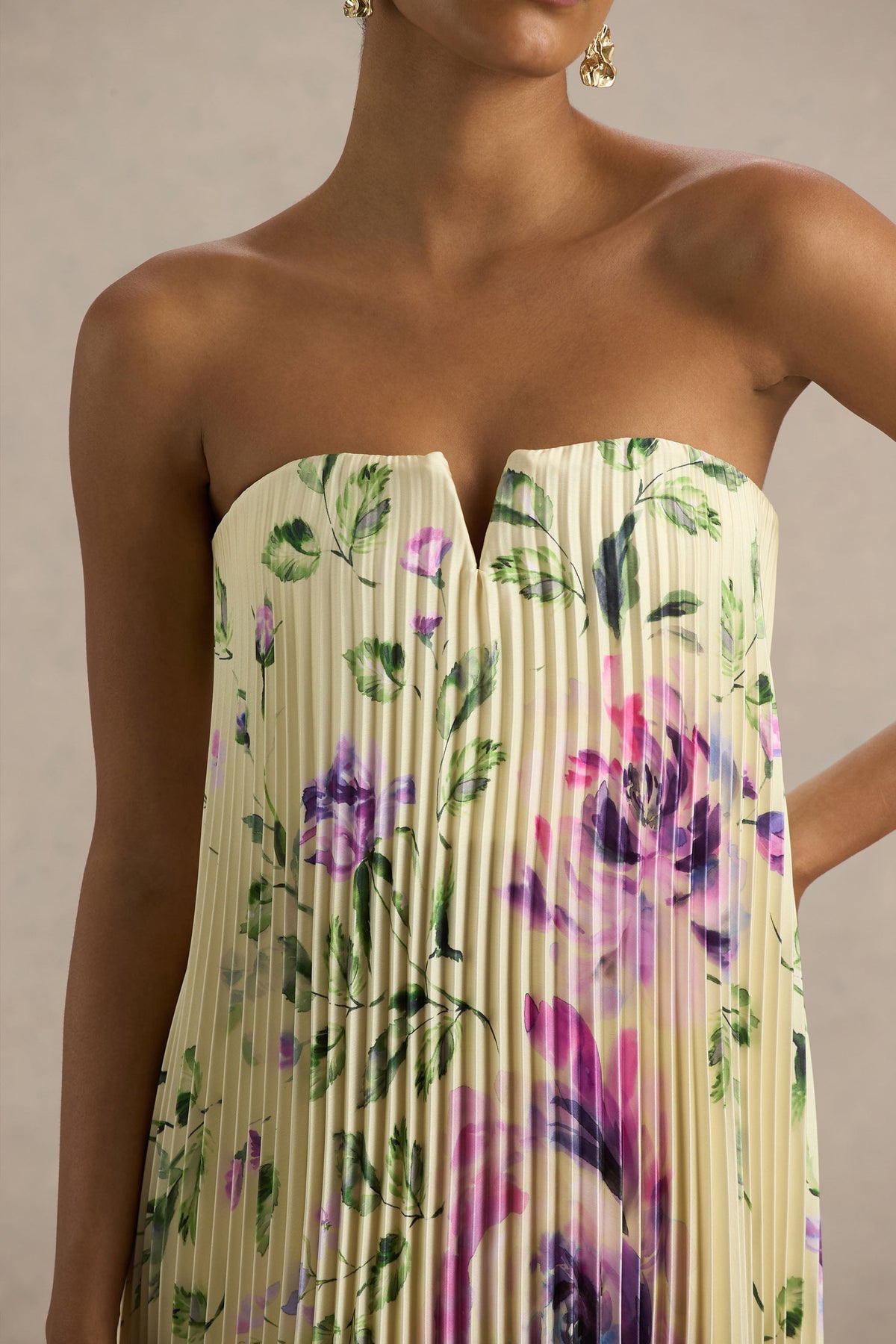 Bergamot | Citroengele Rooz Print Satijnen Maxi Jurk Met Sweetheart Halslijn