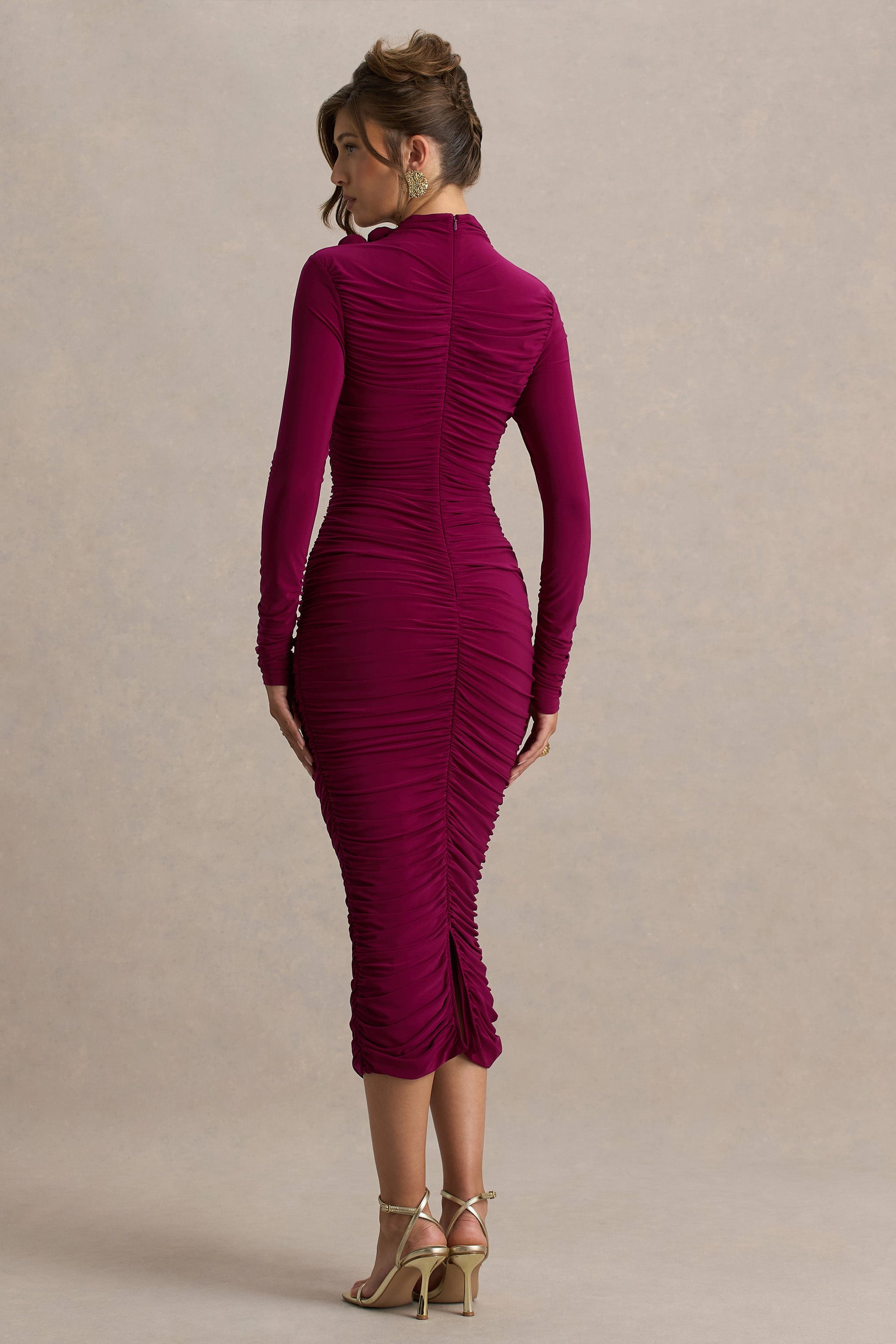 Tamara | Bordeaux Gerimpelde Midi Jurk Met Lang Mouwen