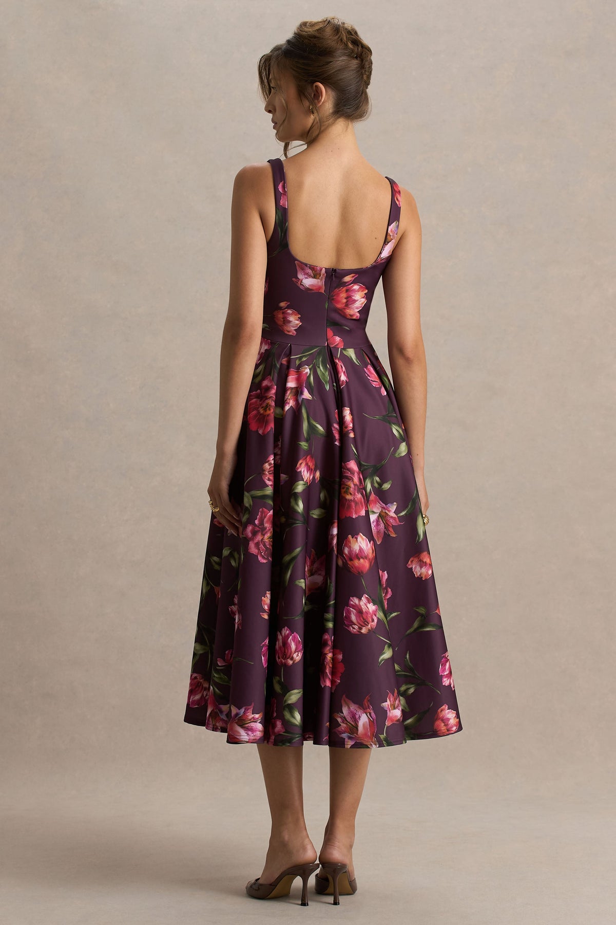 Berta | Bordeaux Bloemenprint Vierkante Hals Middi Jurk
