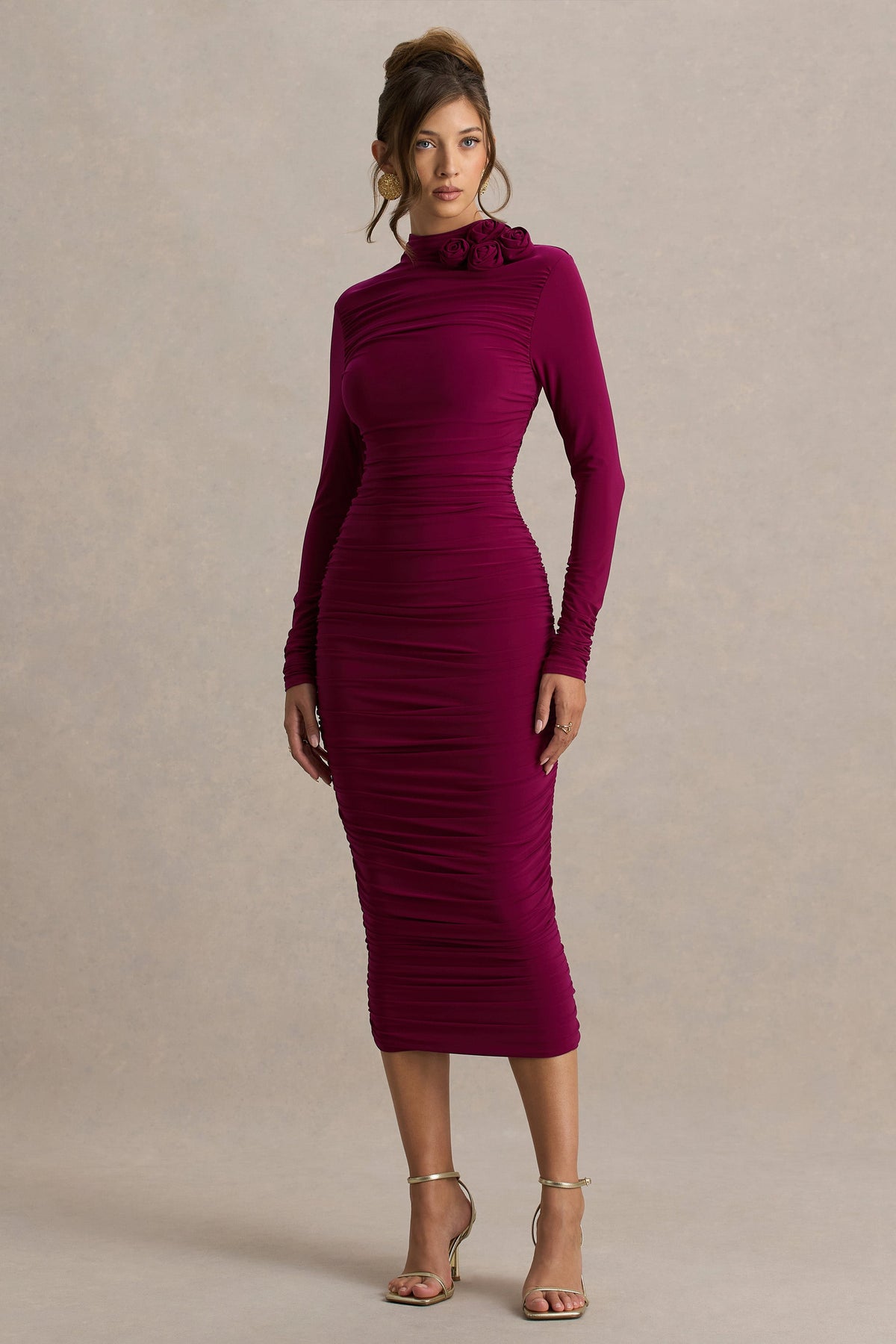 Tamara | Bordeaux Gerimpelde Midi Jurk Met Lang Mouwen