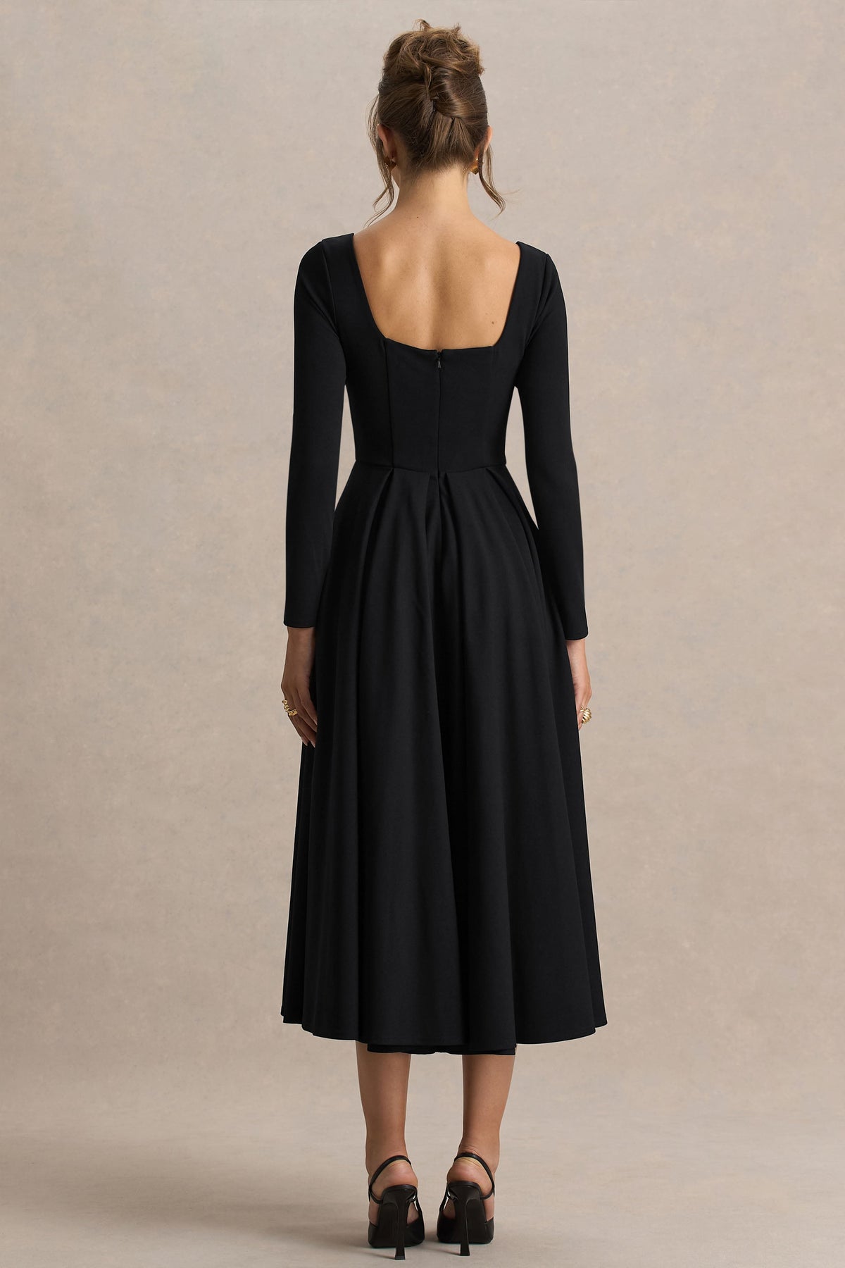 Alison | Zwarte Vierkante Hals A‑Lijn Midi Jurk