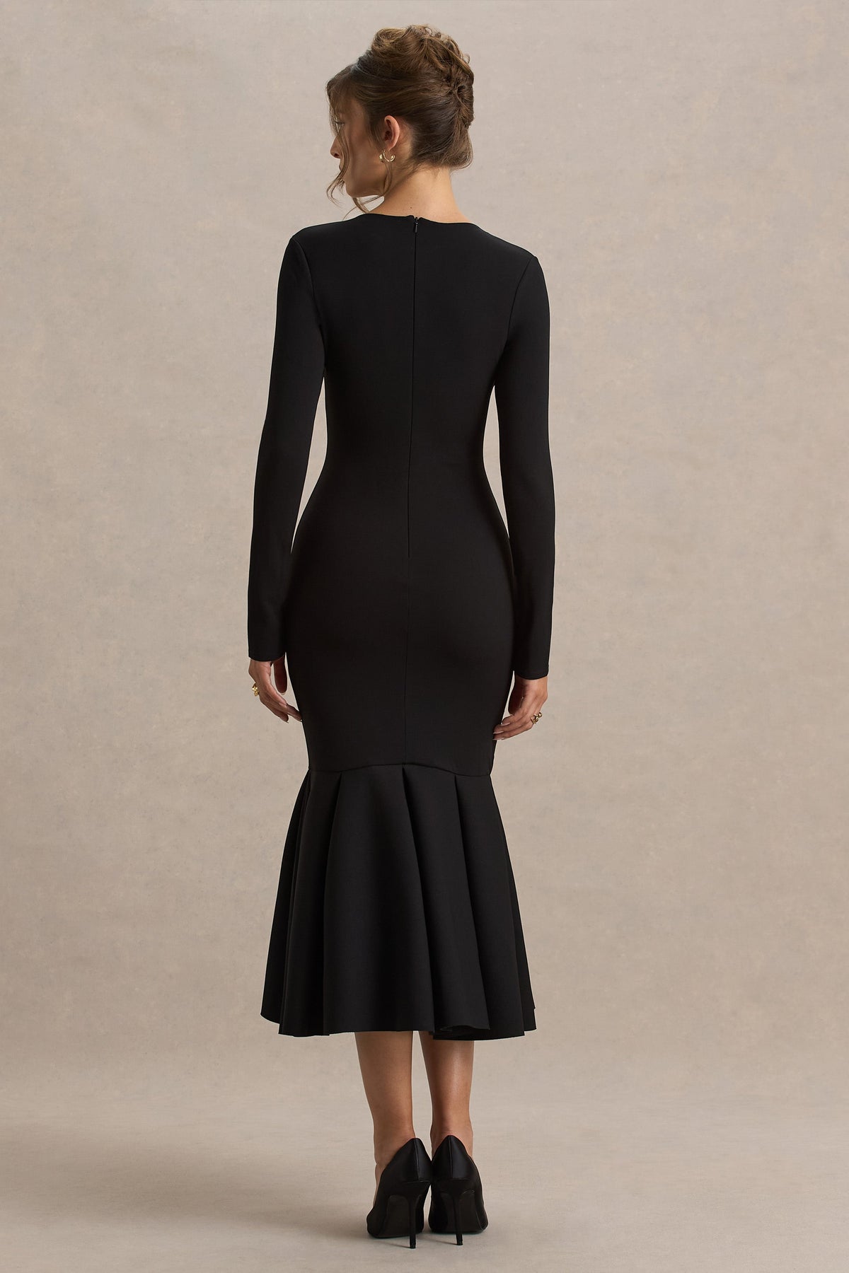 Liberty | Zwarte Hoge Hals Meermin Maxi Jurk Met Ruches detail