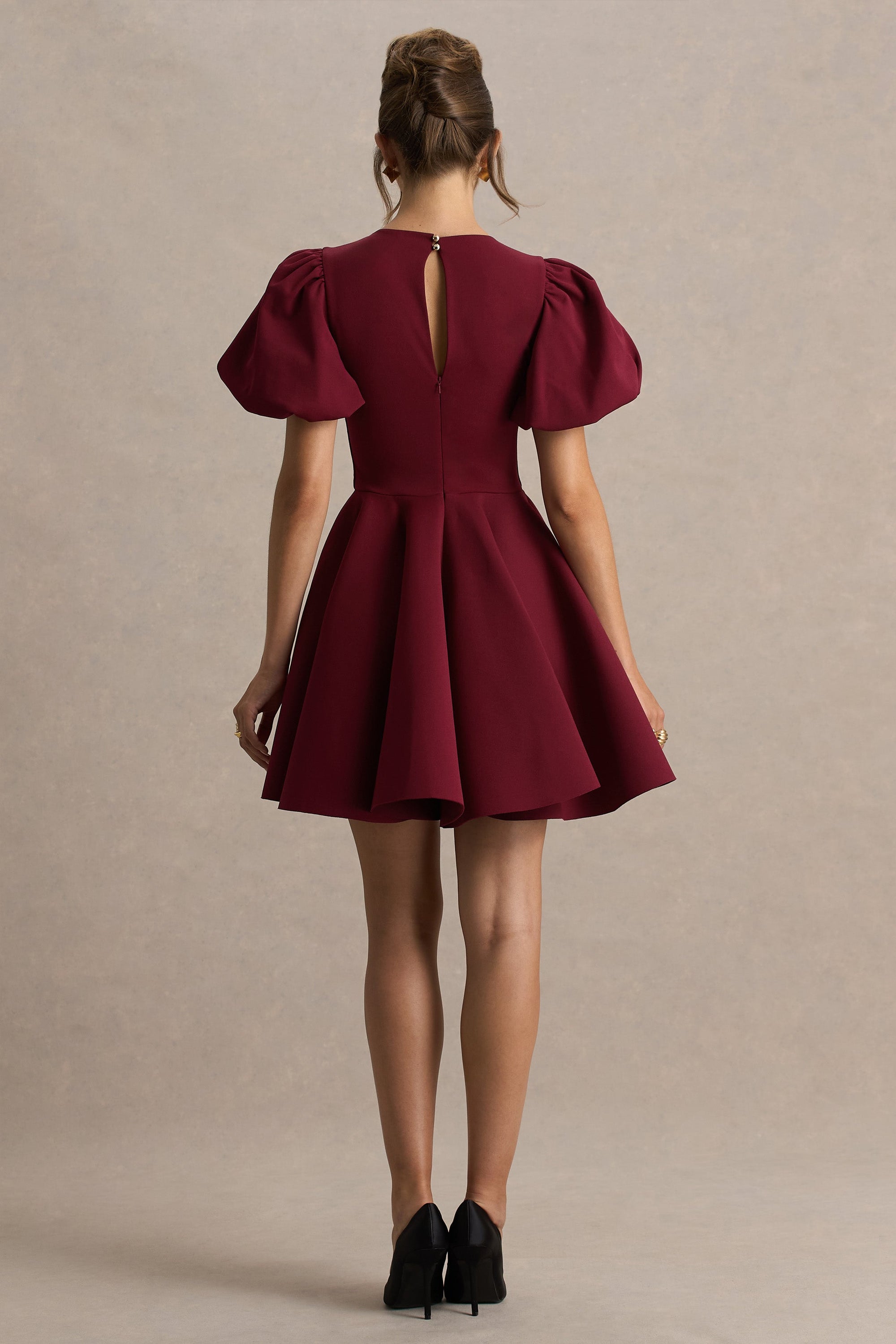 Emelia | Bordeaux Skater Jurk Met Pof-Mouwen