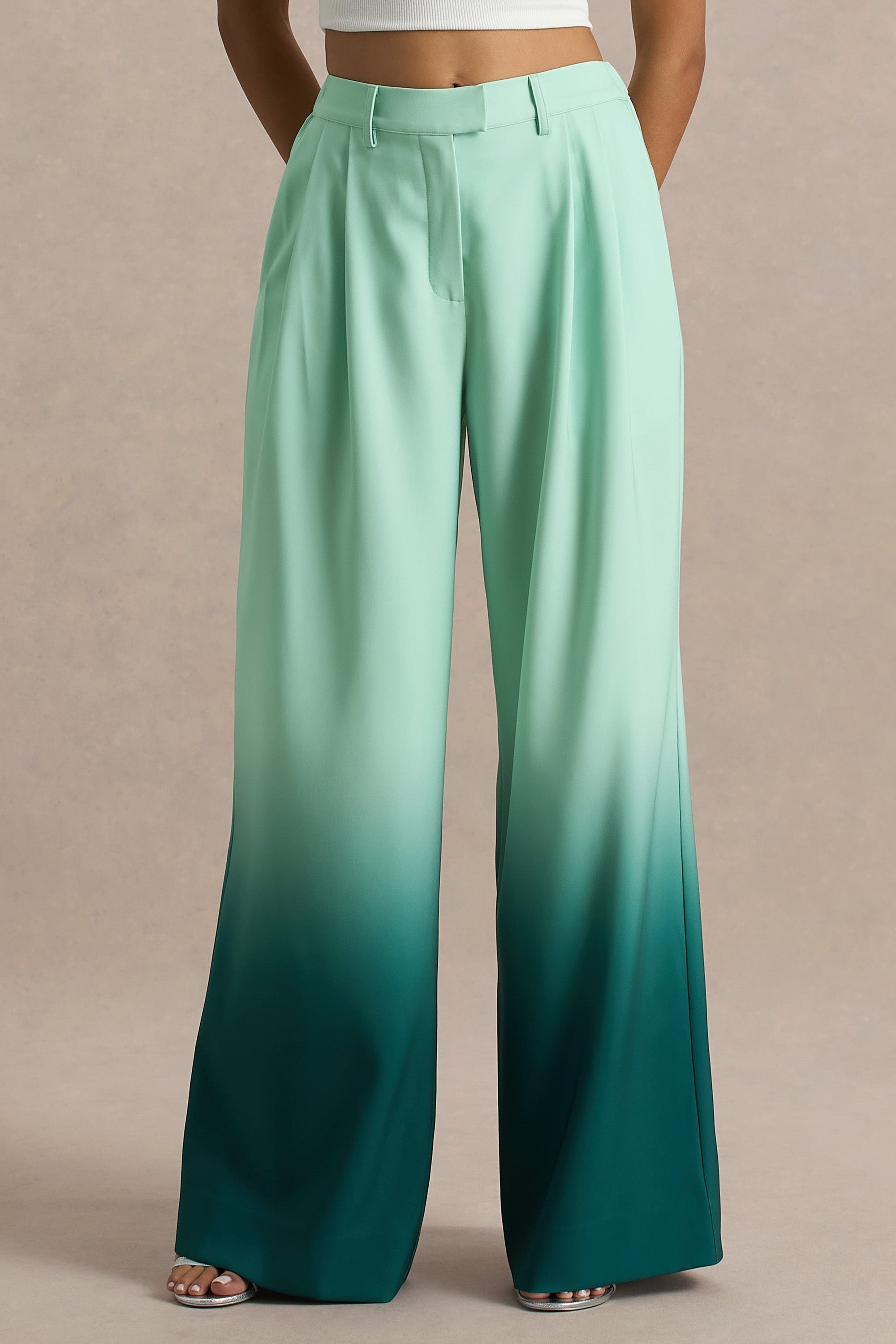 Safia | Smaragdgroene Ombre Satijnen Broek Met wijde Pijpen