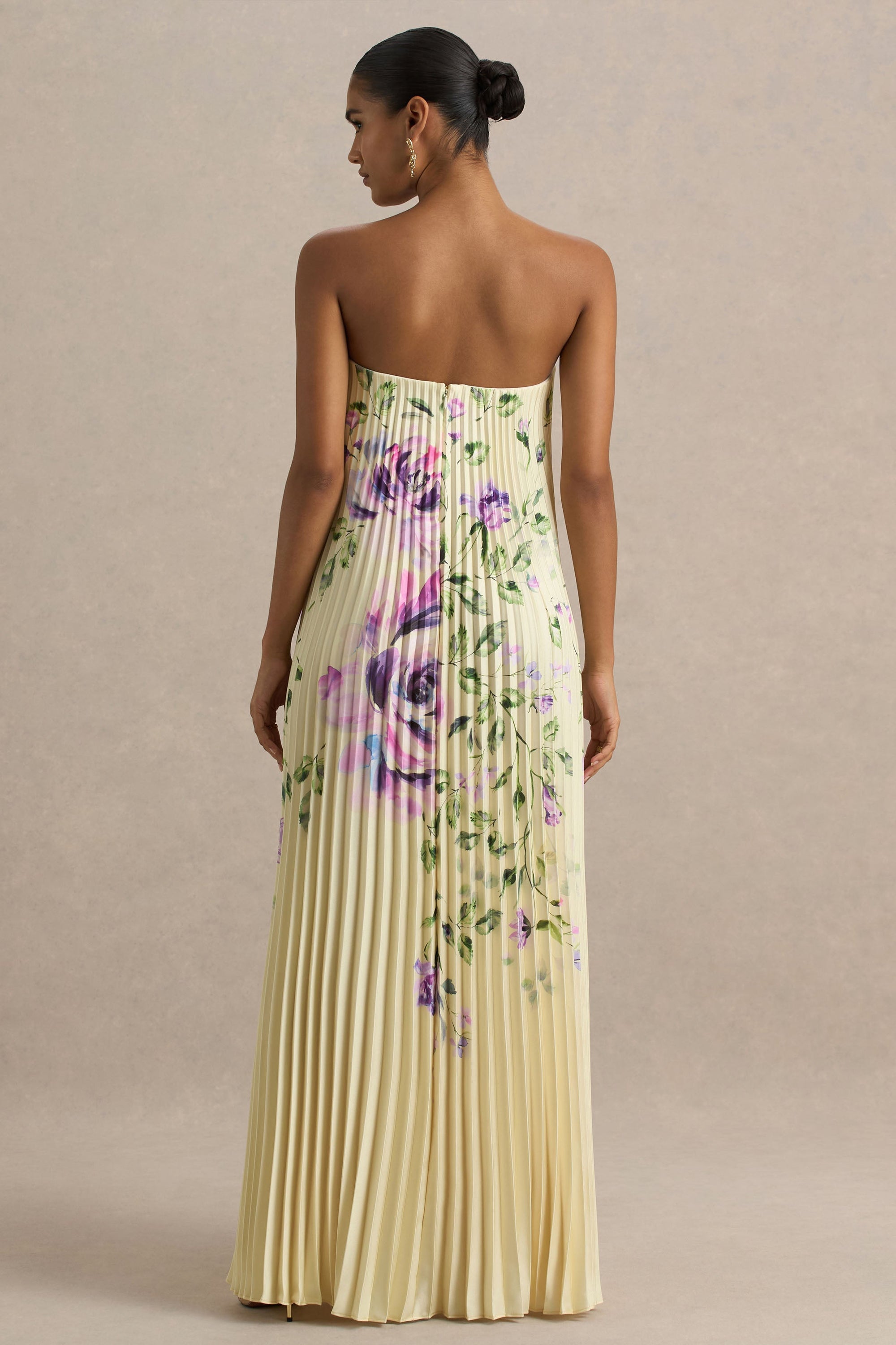 Bergamot | Citroengele Rooz Print Satijnen Maxi Jurk Met Sweetheart Halslijn